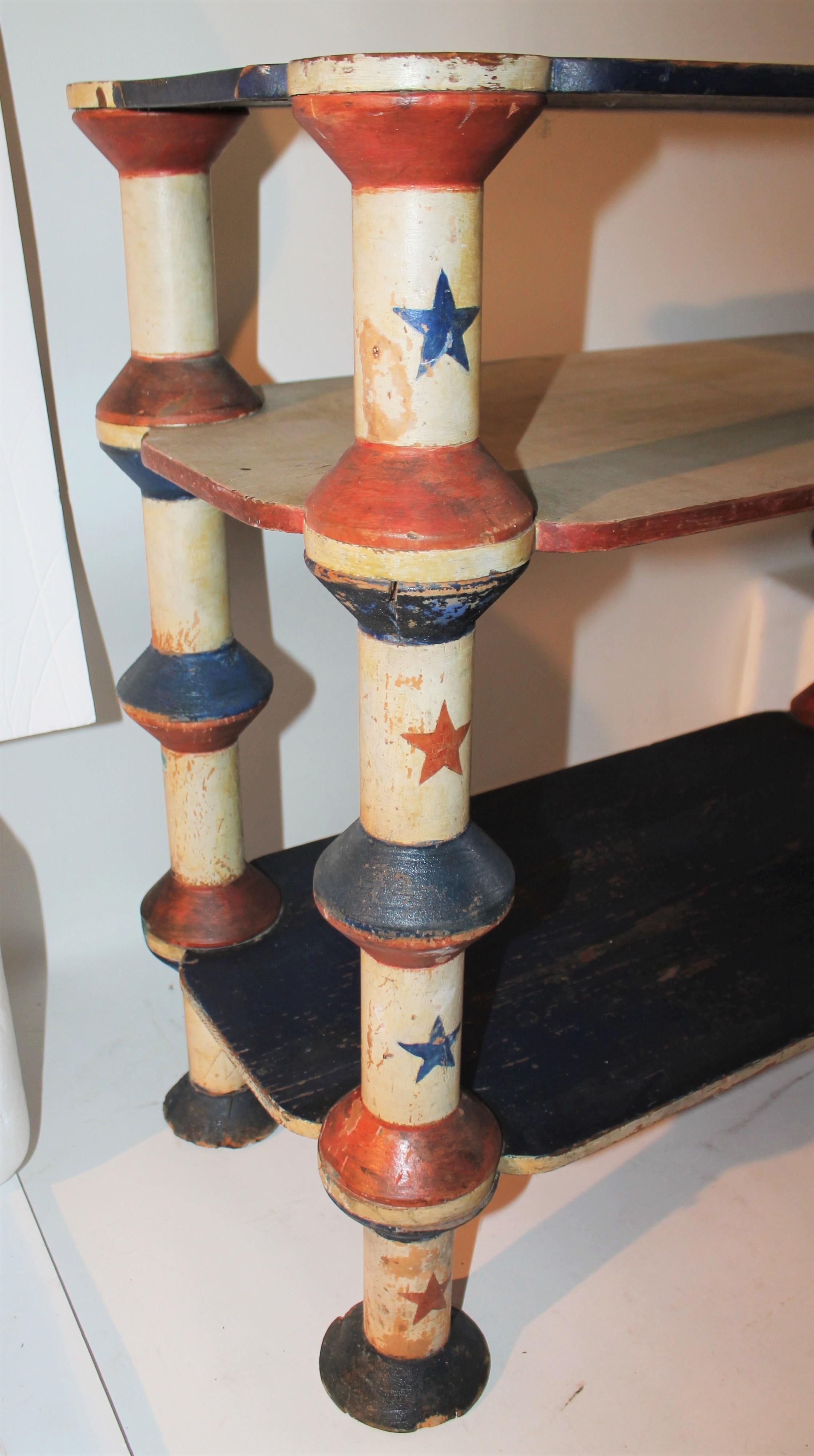 19thc Original Painted Red-White & Blue Spool Shelf In Good Condition In Los Angeles, CA