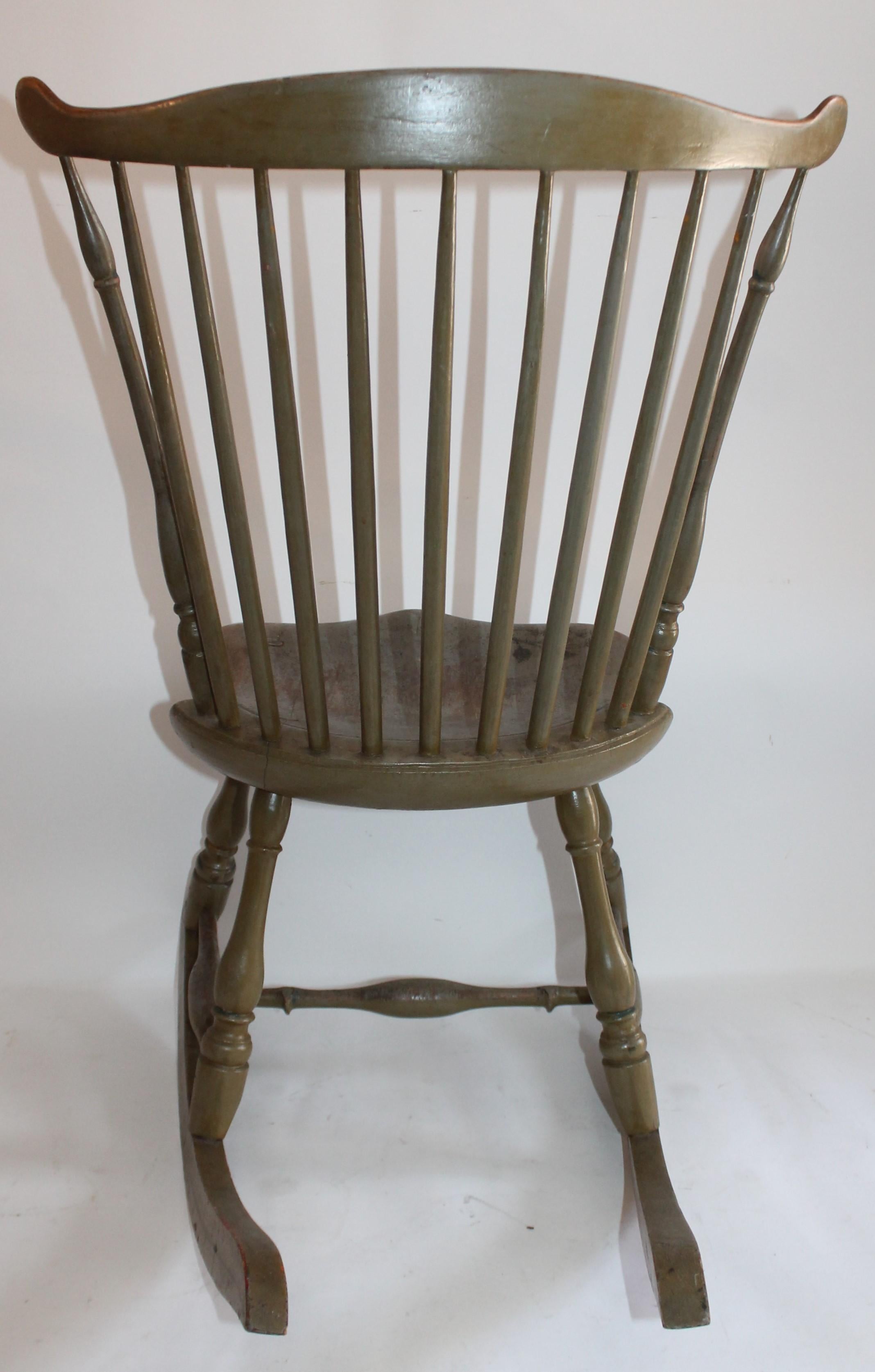 Hand-Painted 19th Century Original Painted Sage Green Windsor Rocking Chair For Sale