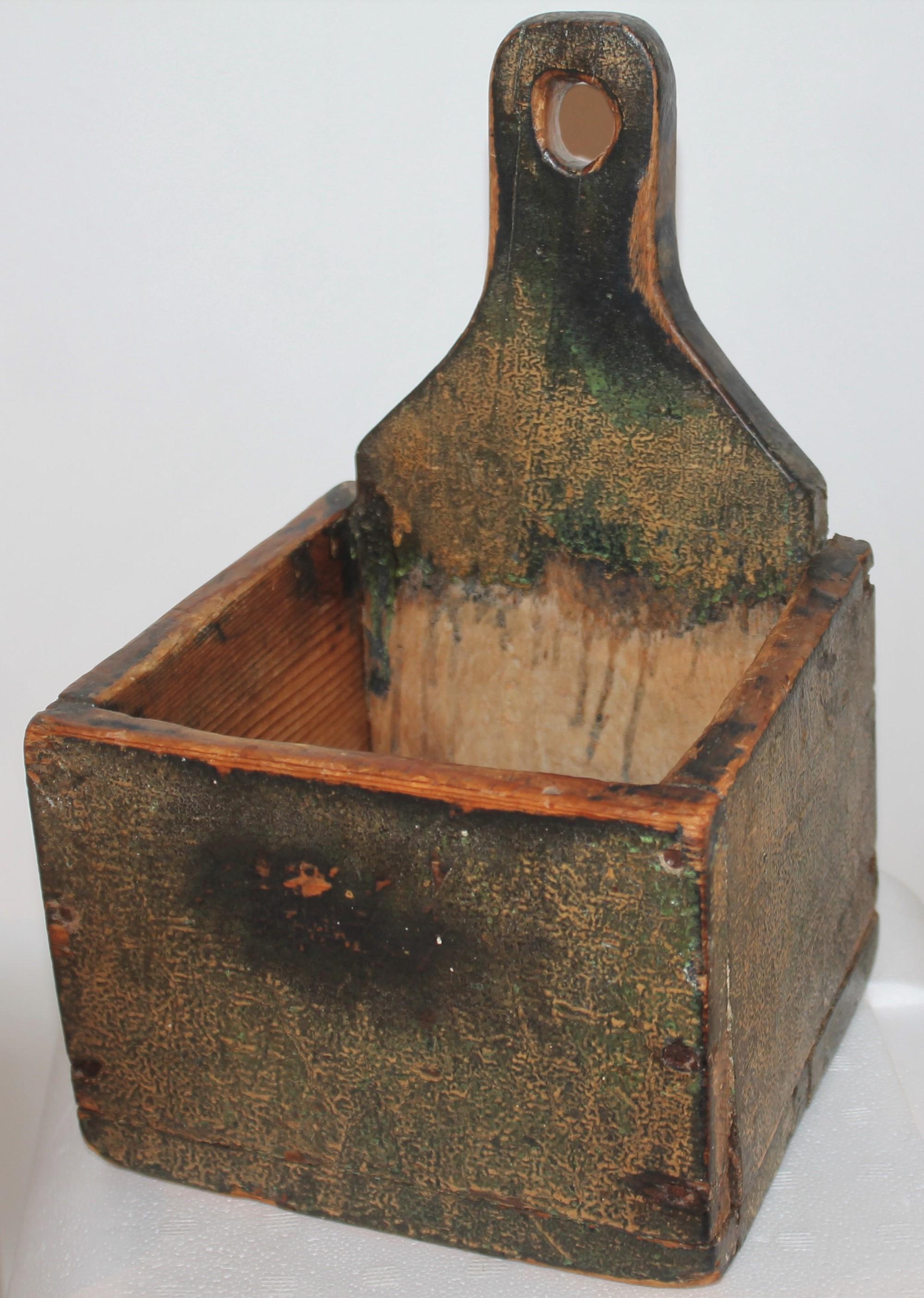 This amazing undisturbed painted wall box or salt box is from Vermont and in very good condition. This has square nail construction and undisturbed surface.