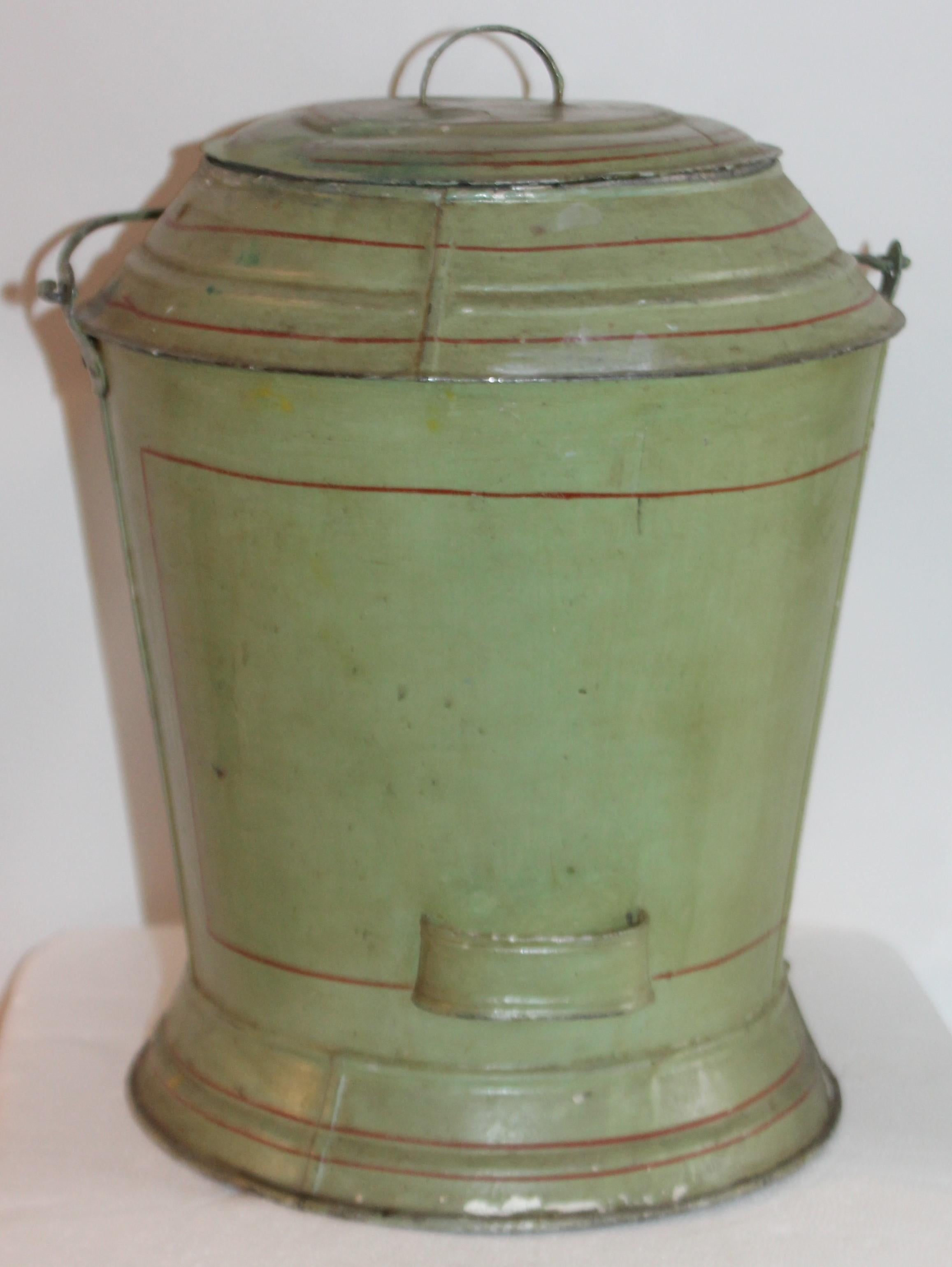 19th century original floral painted tin lidded coal bucket. This was found in Pennsylvania. Minor dings or small dents consistent from age and use.