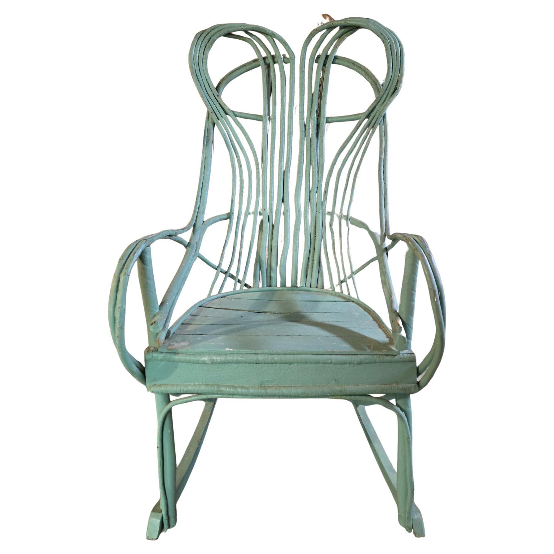 19thc Original Painted Turquoise Bentwood Rocker For Sale
