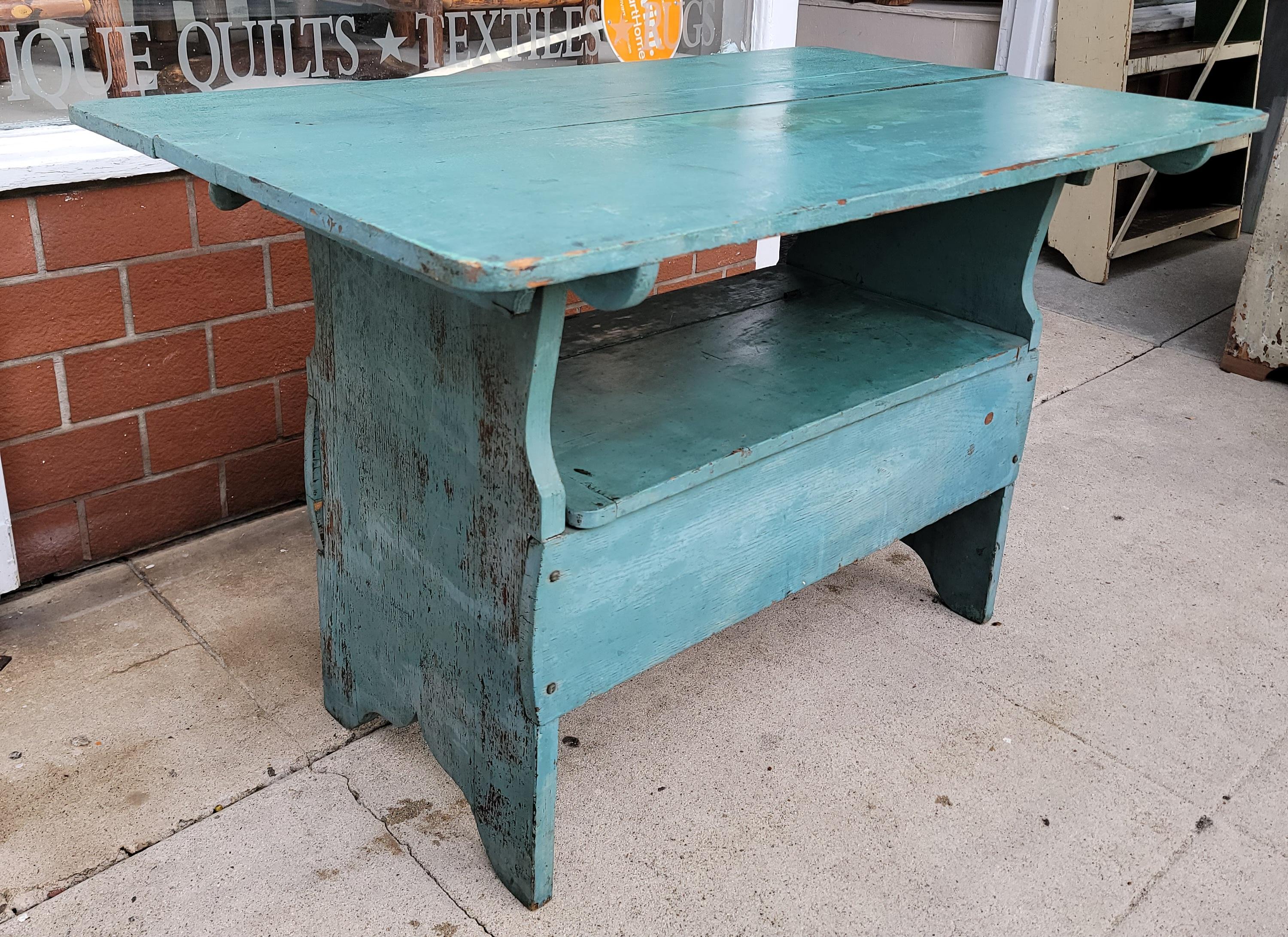 Hand-Painted 19Thc Original Powder Blue Hutch Table / Bench For Sale