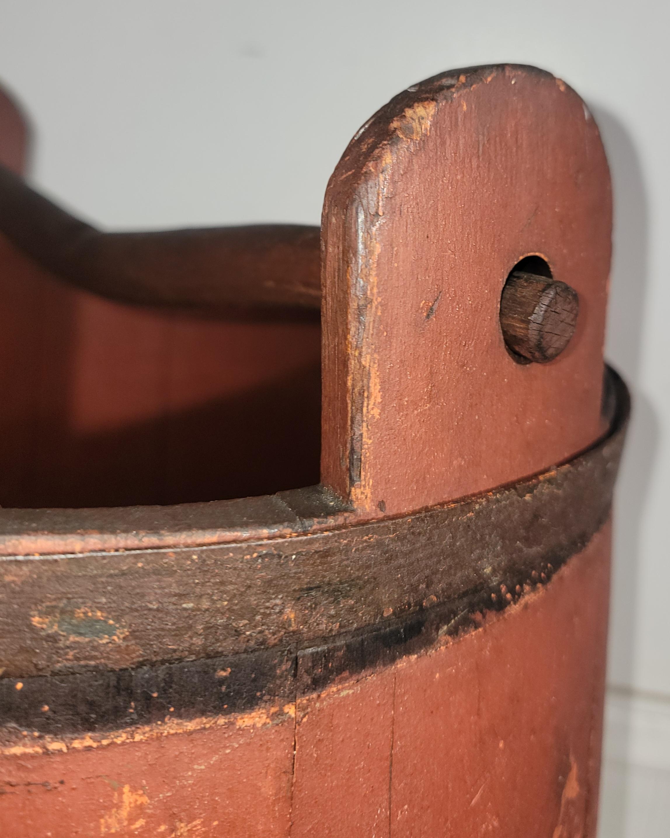 Metal 19thc Original Red Painted Bucket W/ Handle For Sale