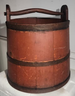 Used 19thc Original Red Painted Bucket W/ Handle