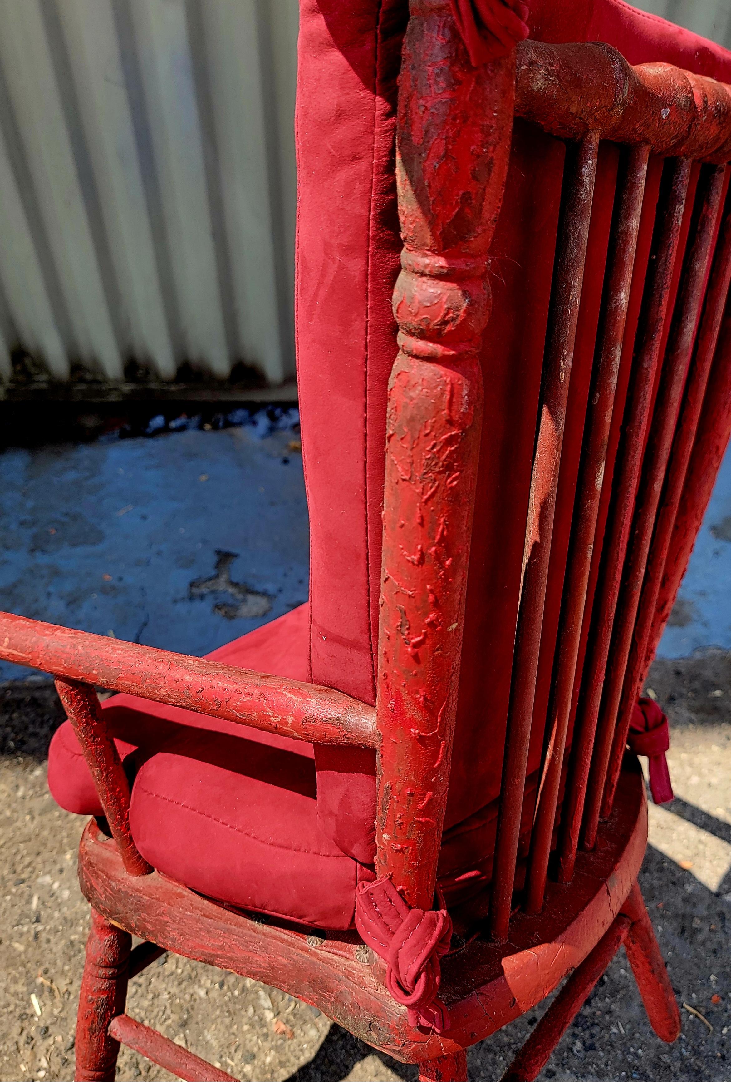 19Thc Original red painted child's chair with custom made suede cushions.The chair has a grungy surface and in fantastic condition.Such a great combo !!!
