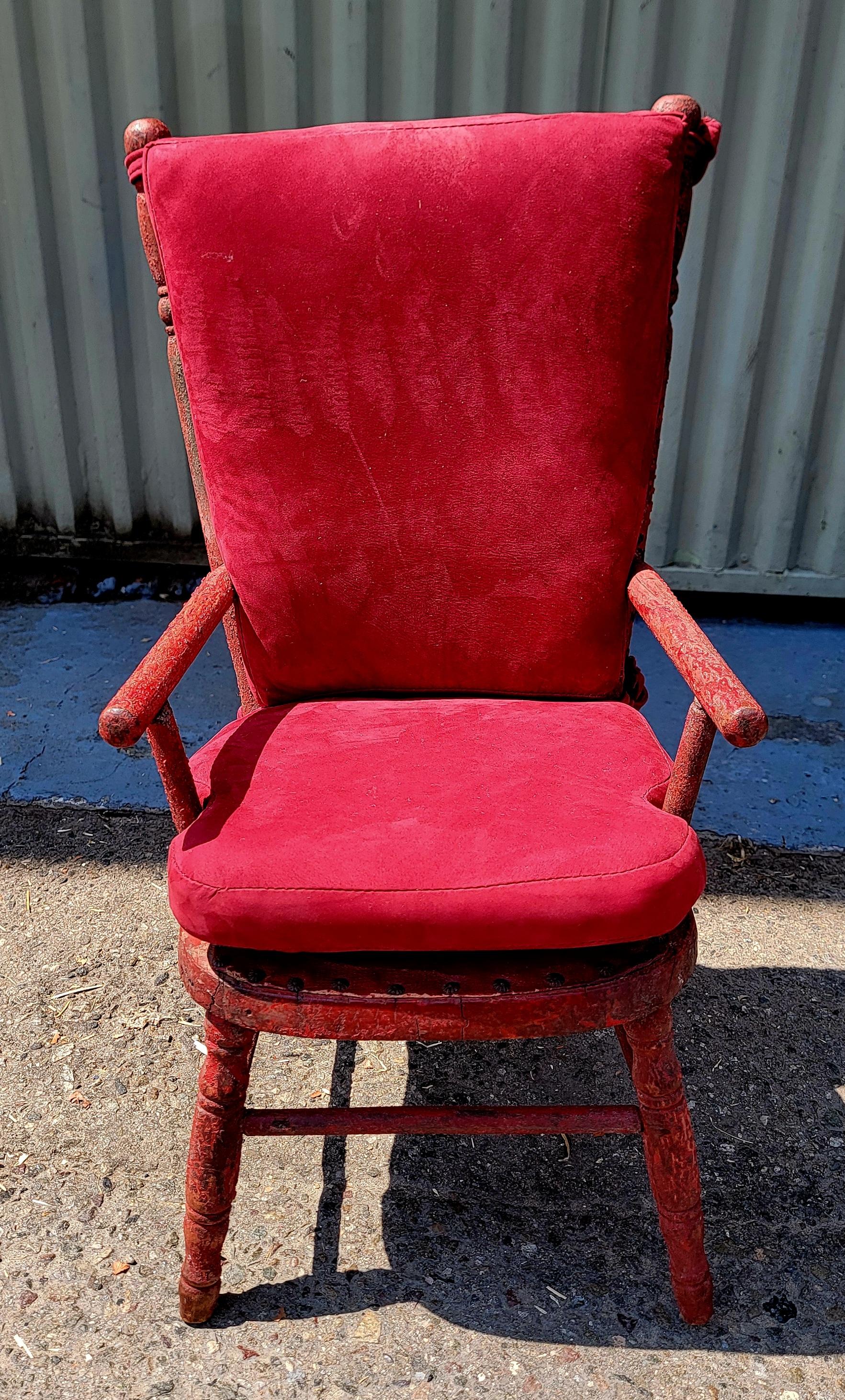 Adirondack 19Thc Original Red Painted Child's Chair w/ Suede Cushions For Sale