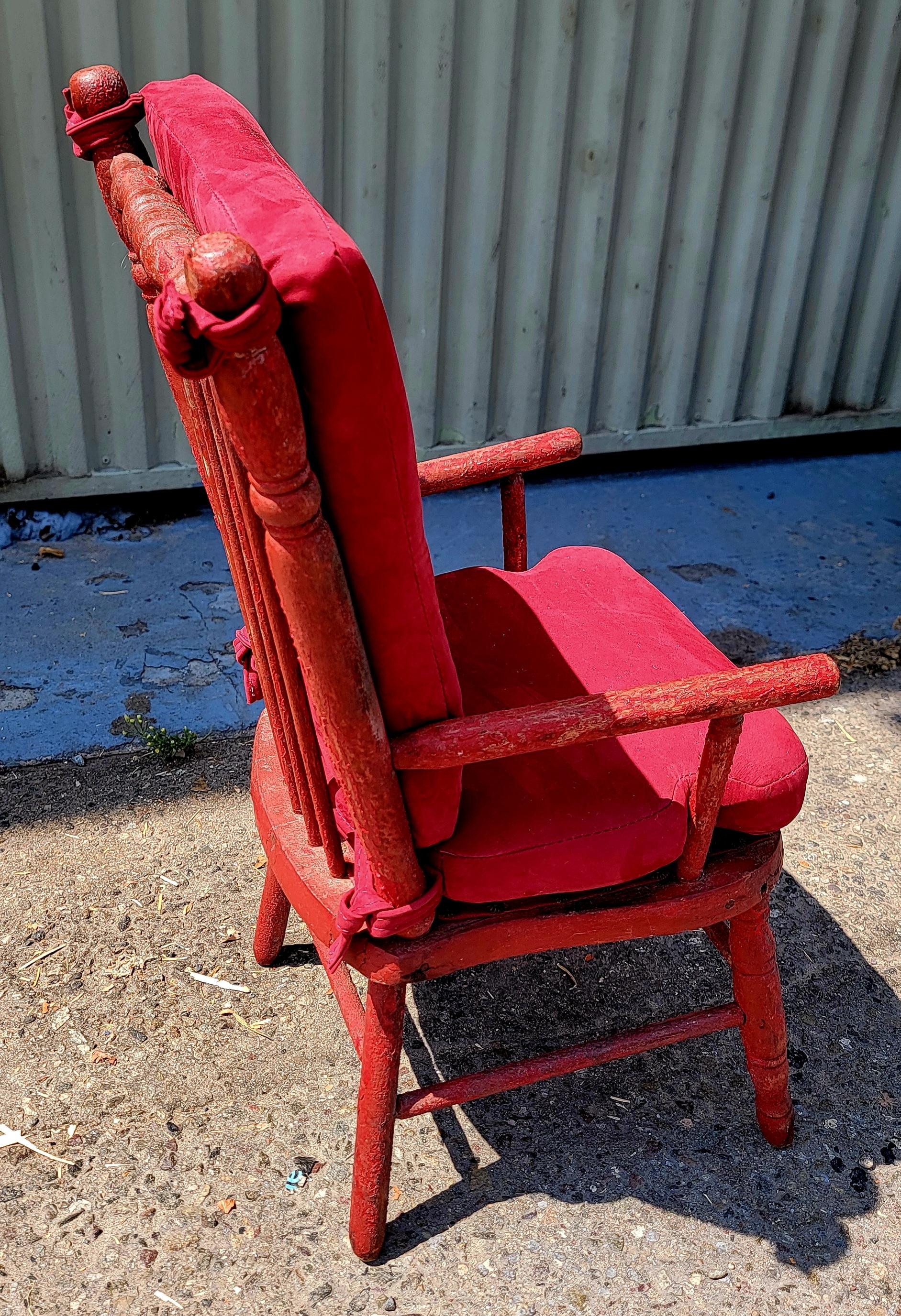 American 19Thc Original Red Painted Child's Chair w/ Suede Cushions For Sale