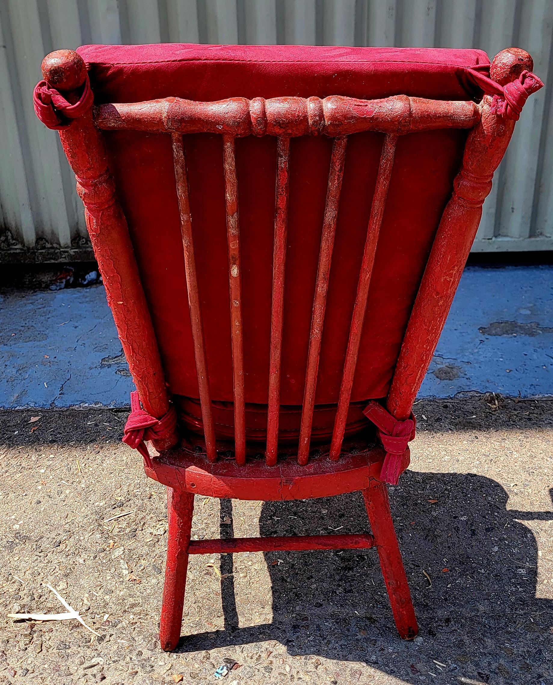 19Thc Original Red Painted Child's Chair w/ Suede Cushions In Good Condition For Sale In Los Angeles, CA
