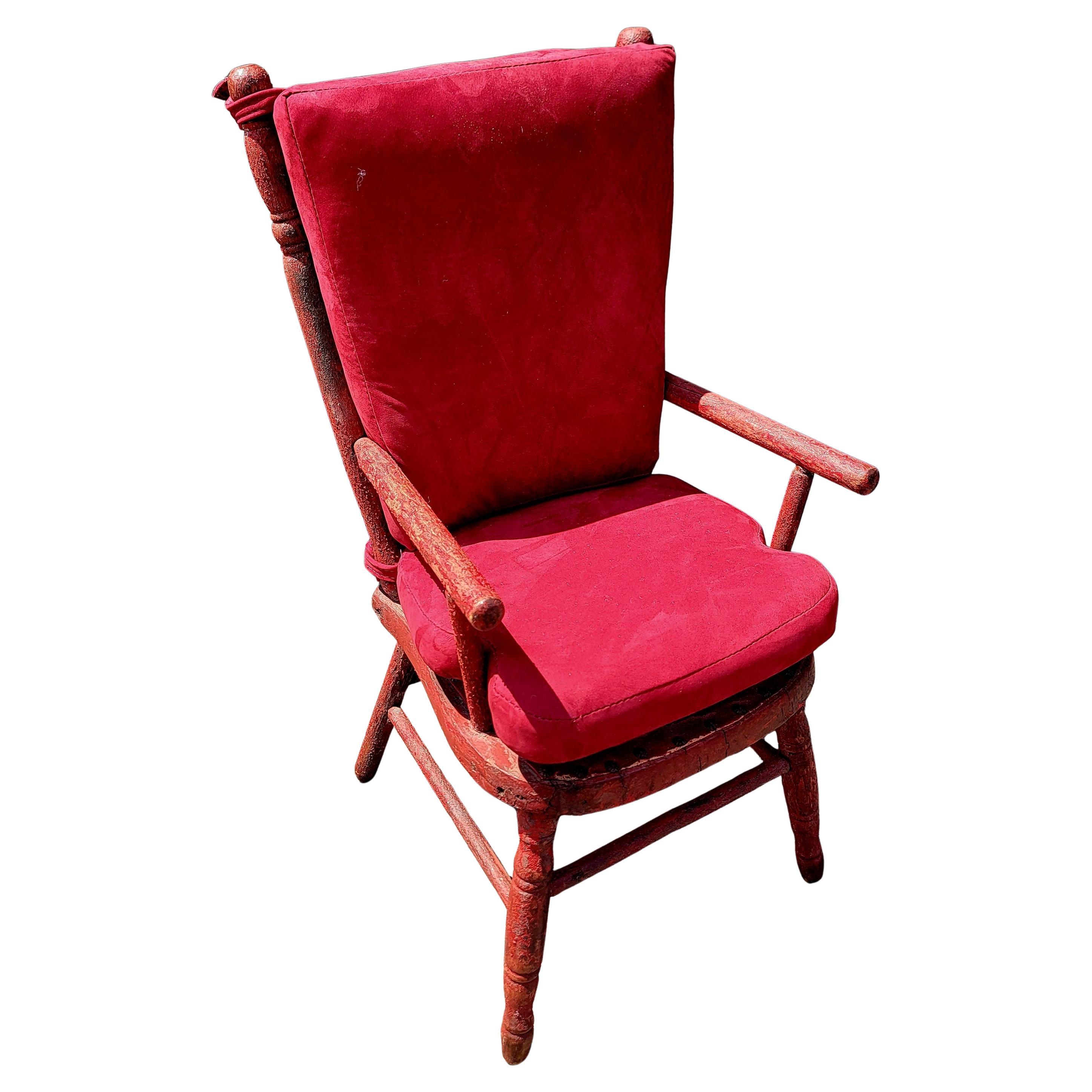 19Thc Original Red Painted Child's Chair w/ Suede Cushions