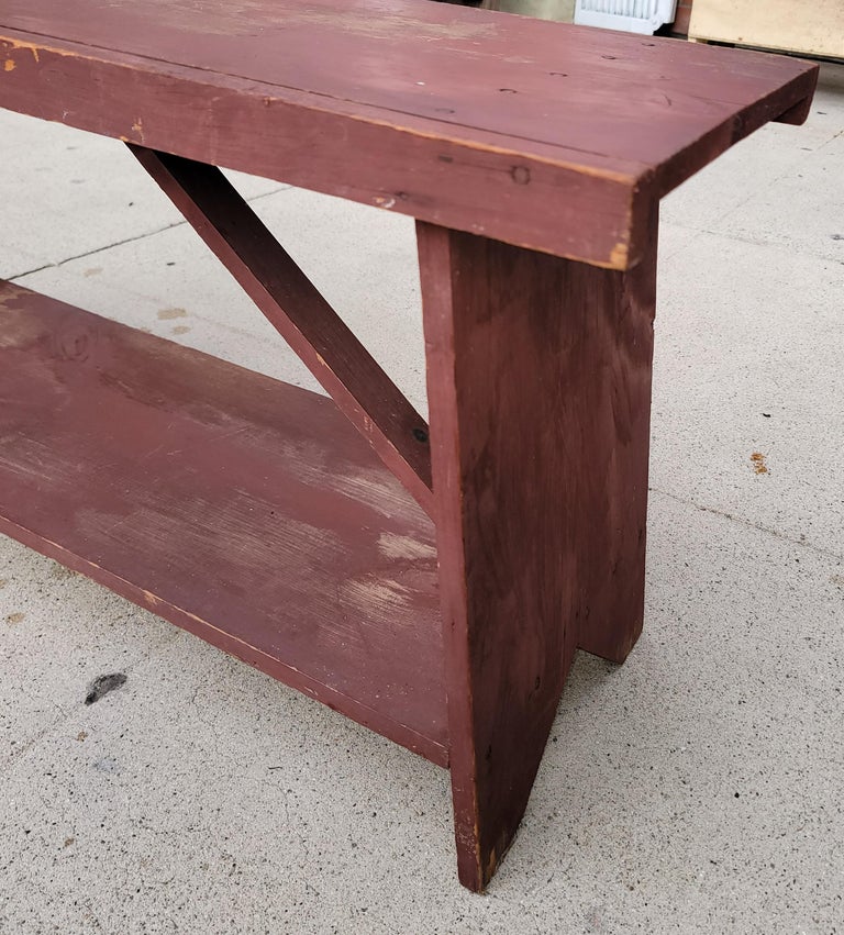 Hand-Crafted 19thc Original Red Painted Farmhouse Bench For Sale