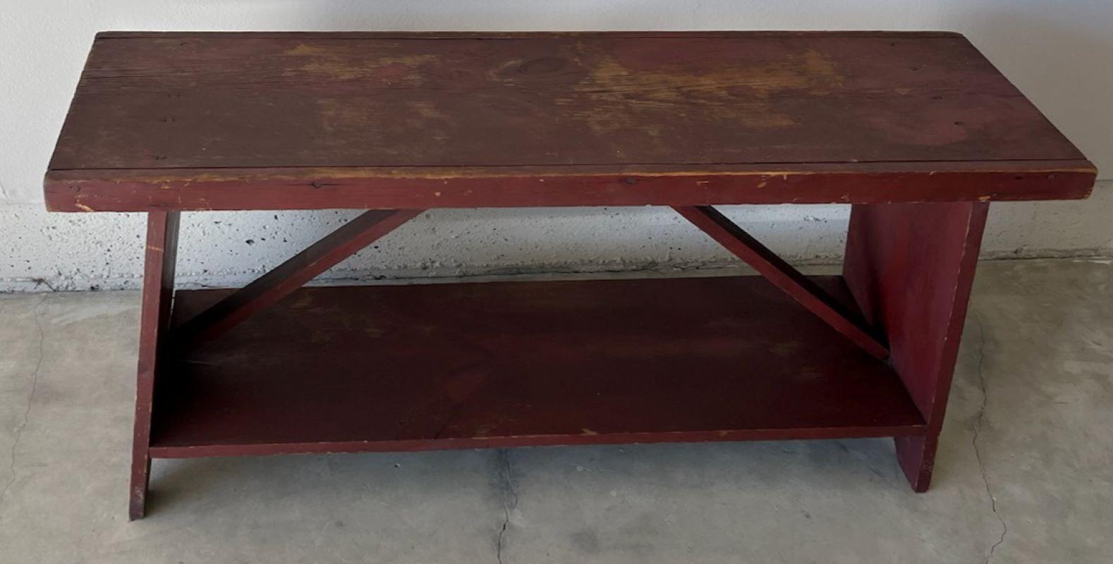 19thc Original Red Painted Farmhouse Bench In Good Condition For Sale In Los Angeles, CA