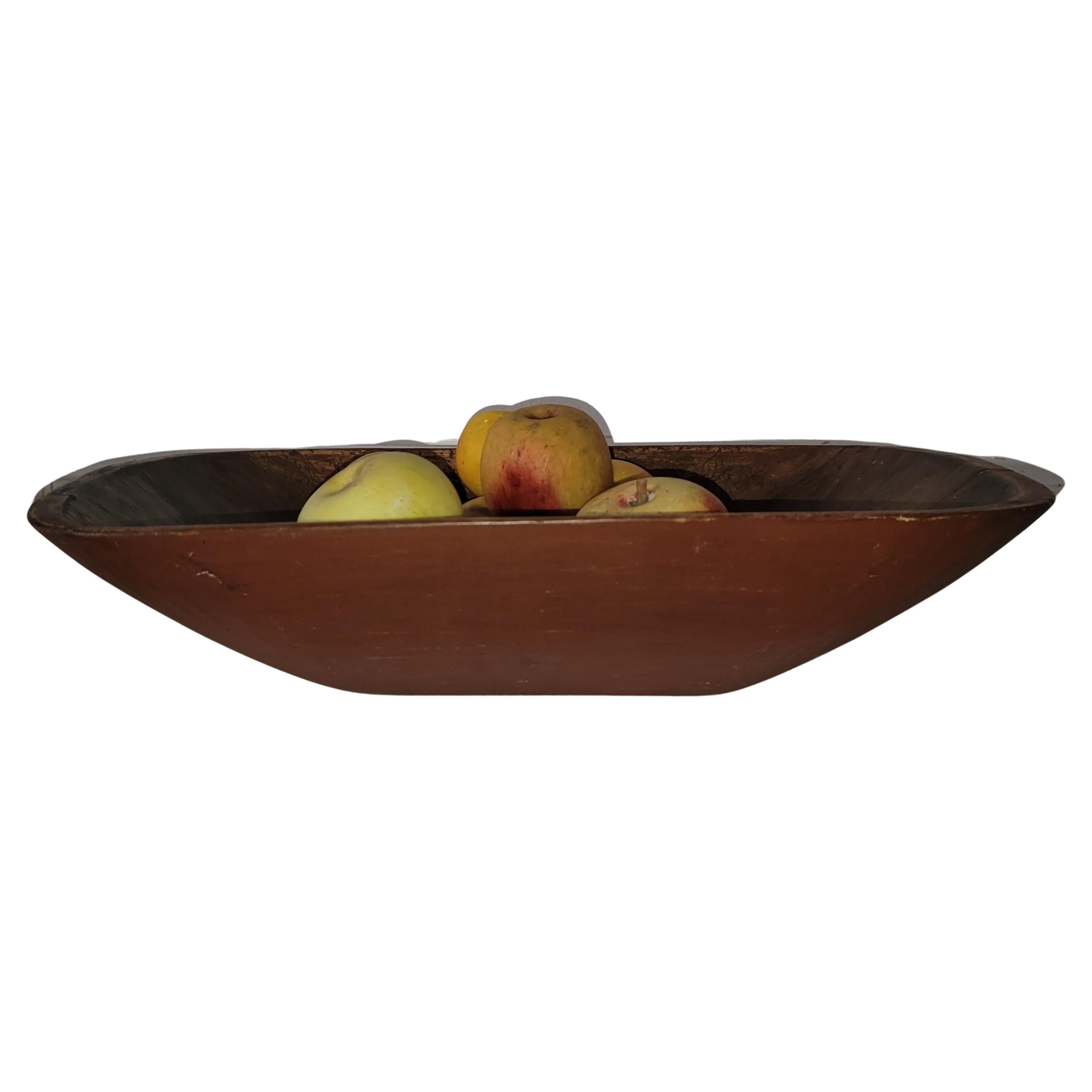 This fantastic original red painted trencher hand carved bowl from New England in fine condition with a collection of ten pieces of stone fruit (apples). This collection is one package deal.

10 apples Apples vary in Size.
1 original red painted