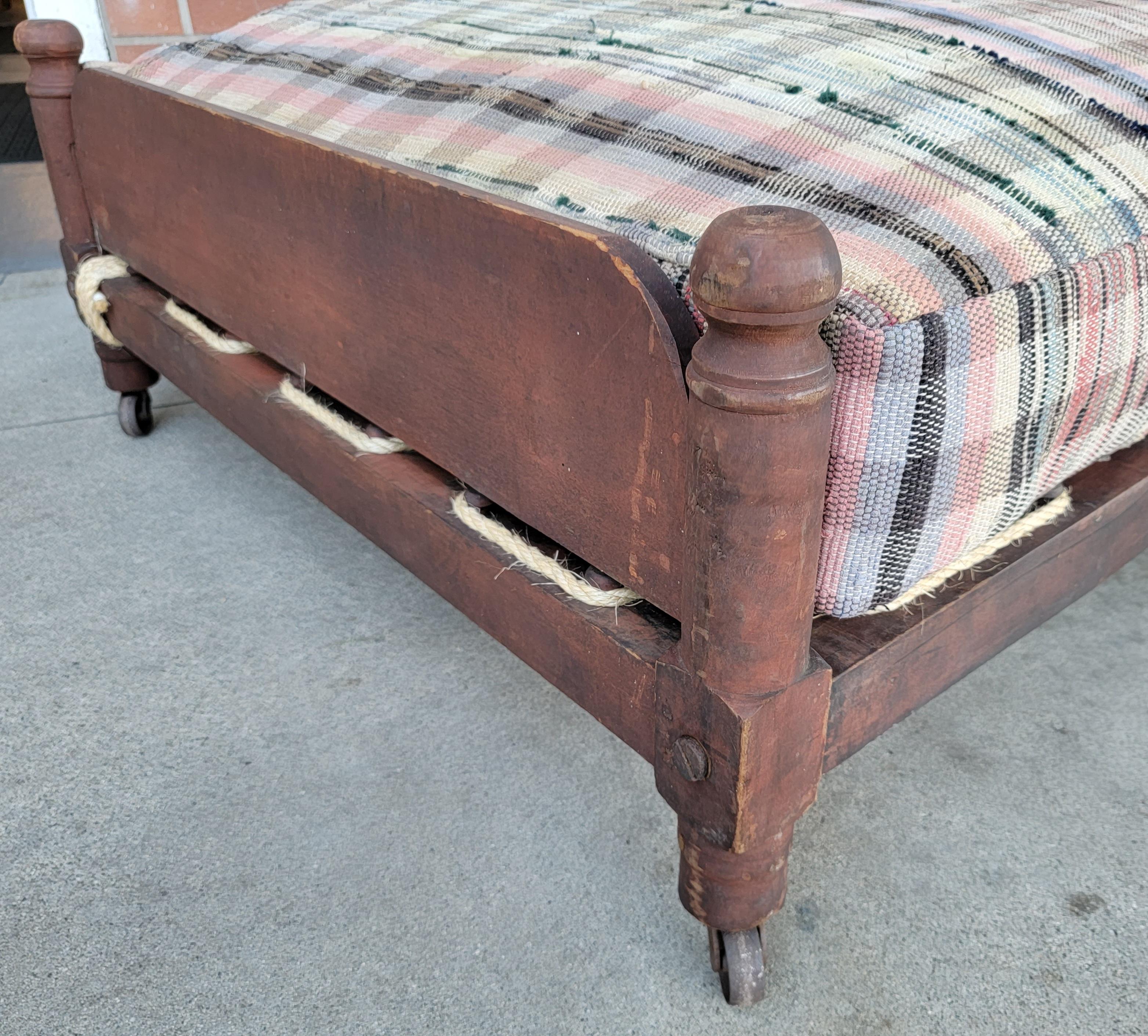 Adirondack 19thc Original Red Painted Trendle Bed w/ 19thc Rag Rug Mattress For Sale
