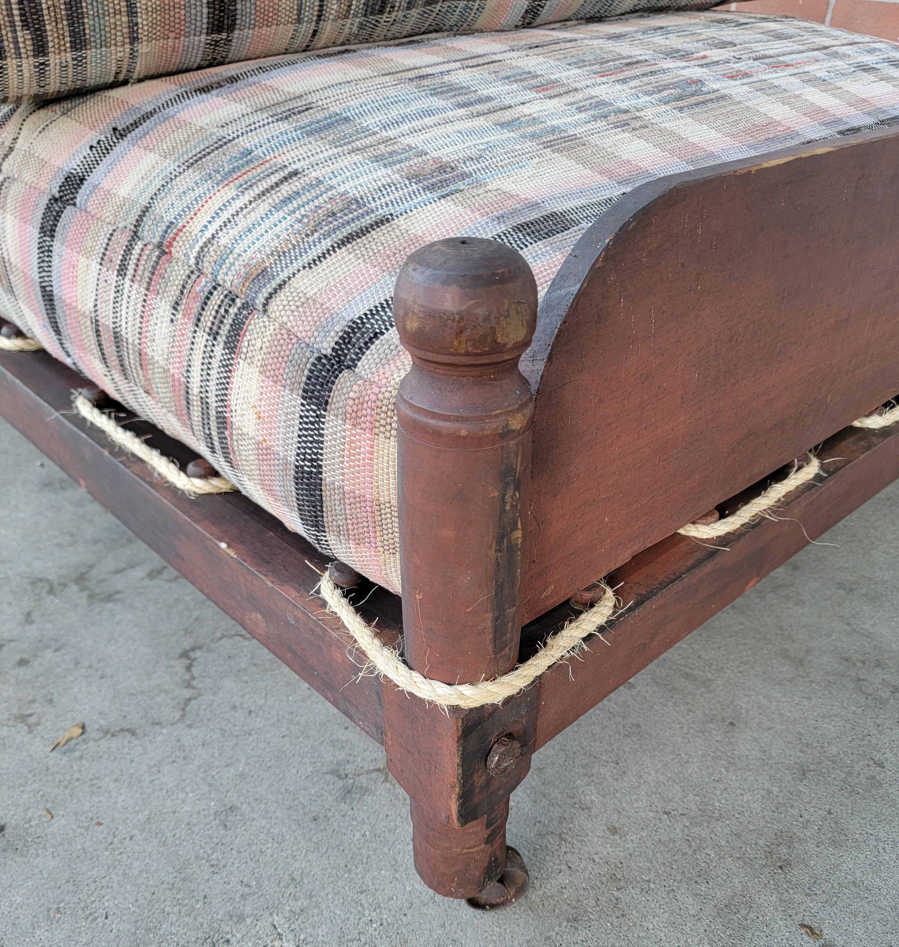 19thc Original Red Painted Trendle Bed w/ 19thc Rag Rug Mattress In Good Condition For Sale In Los Angeles, CA