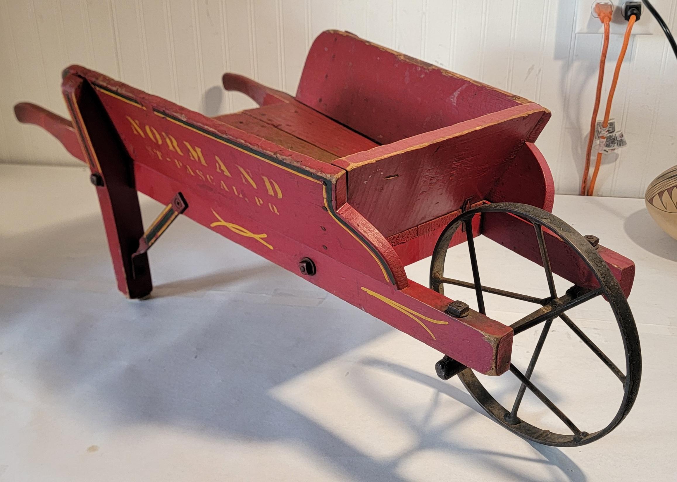 Folk Art 19thc Original Red Painted Wooden Wagon W/ Stenciling For Sale