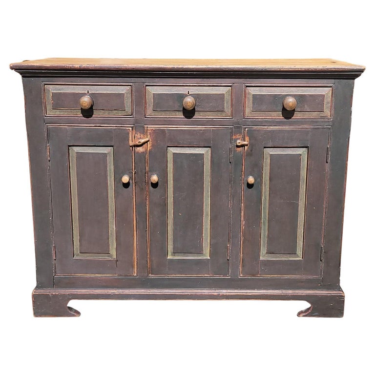 Hand-Crafted 19Thc Original Sage Green Painted Cabinet For Sale