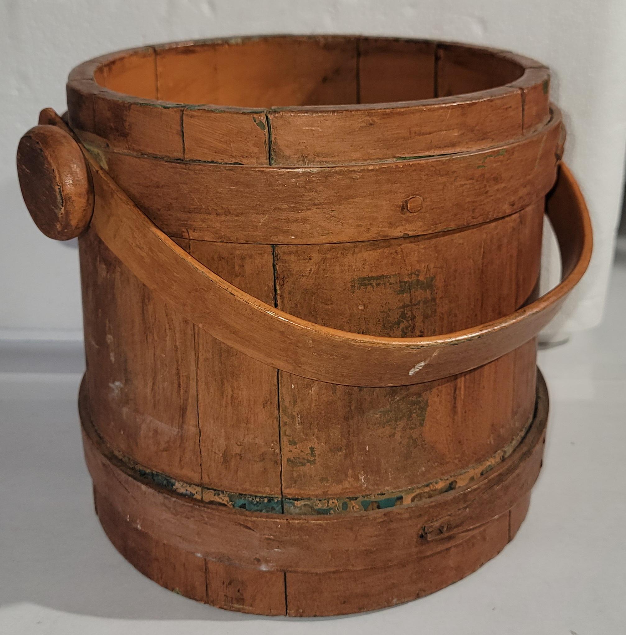 Folk Art 19Thc Original Salmon Over Green Painted Furkin/Bucket For Sale