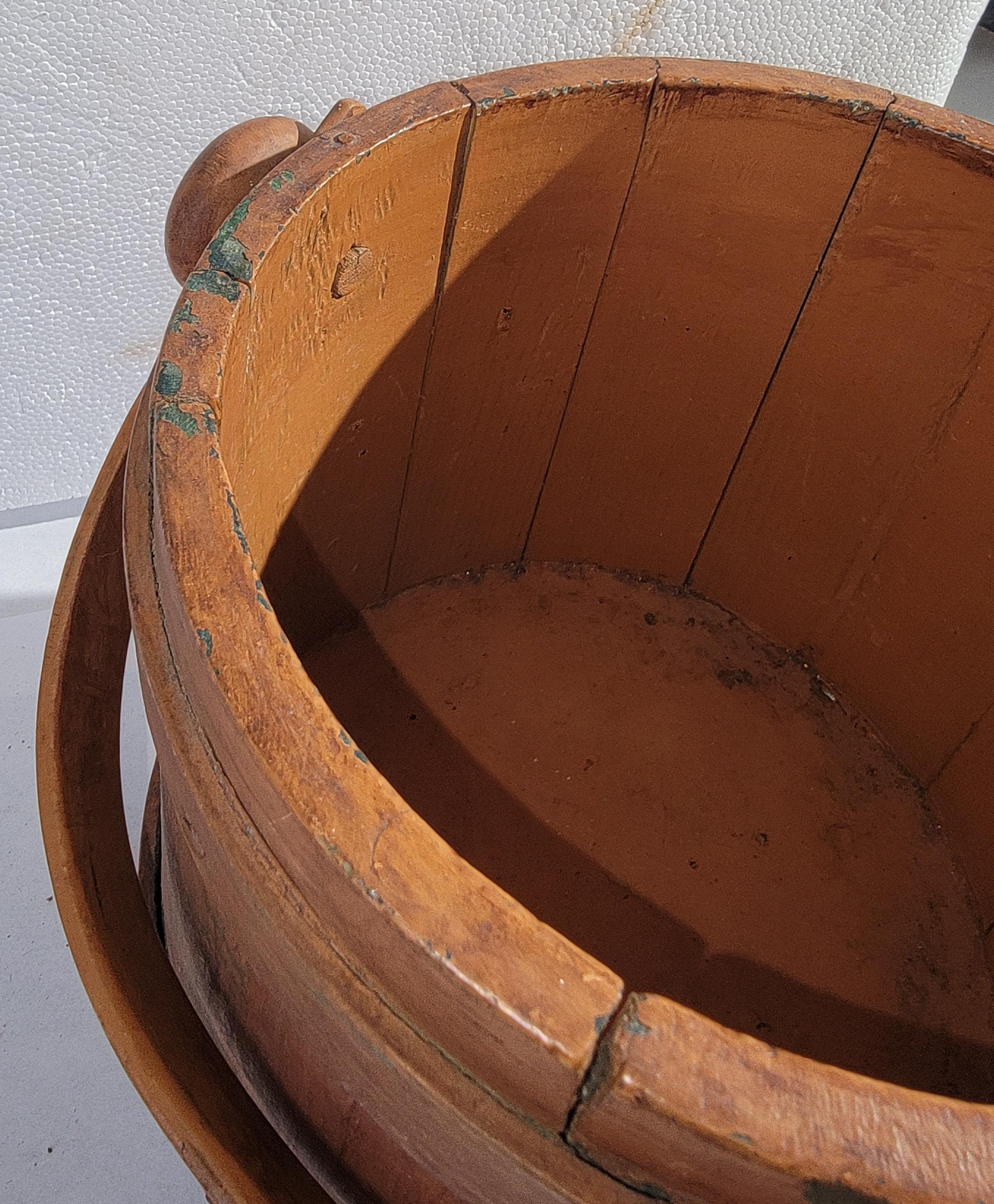 American 19Thc Original Salmon Over Green Painted Furkin/Bucket For Sale