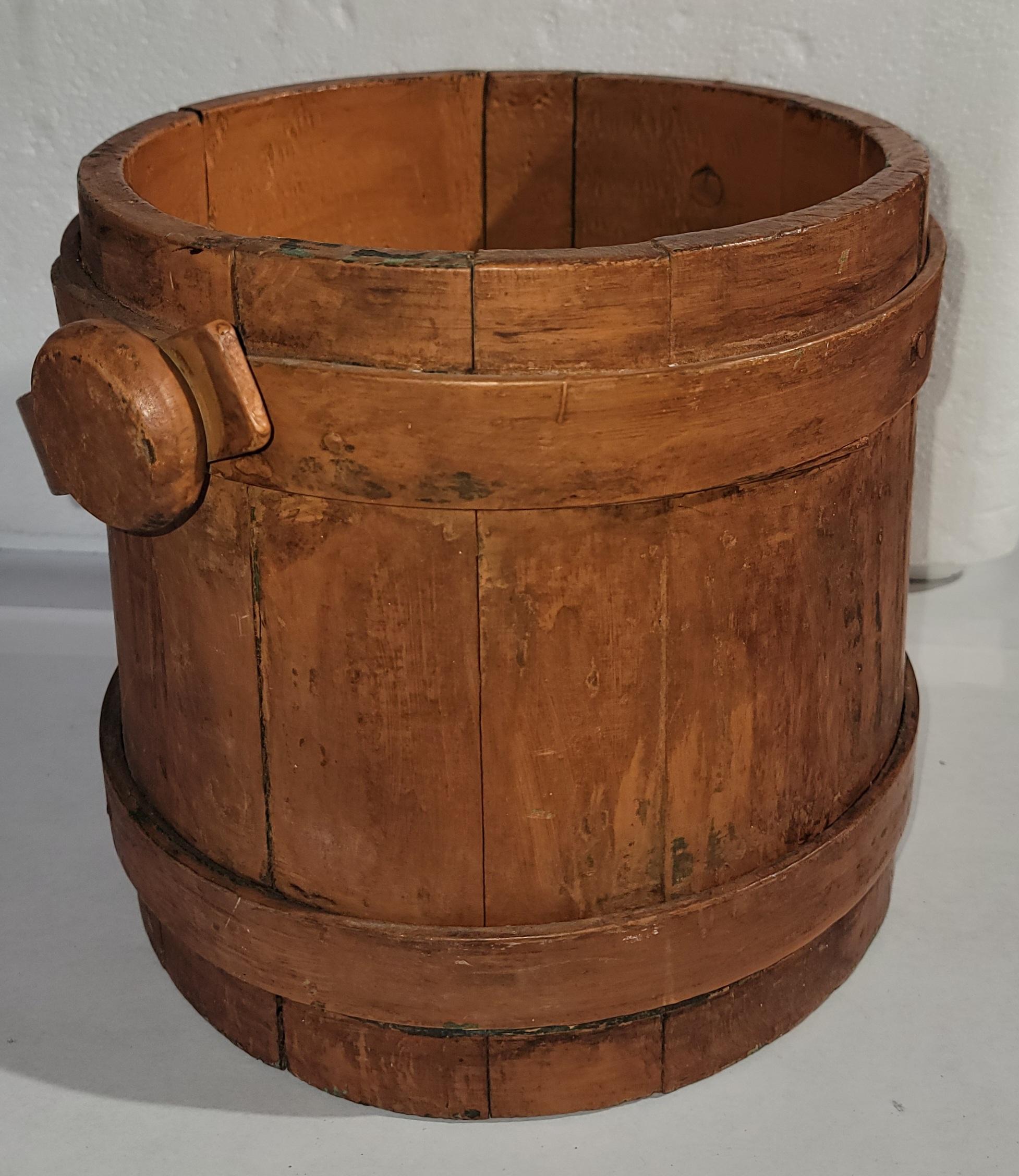 19th Century 19Thc Original Salmon Over Green Painted Furkin/Bucket For Sale