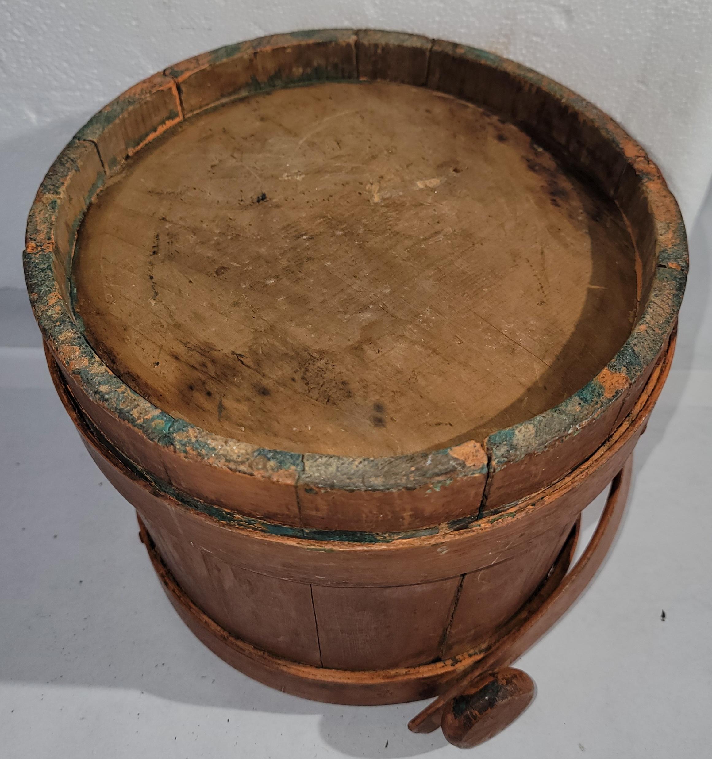 Wood 19Thc Original Salmon Over Green Painted Furkin/Bucket For Sale