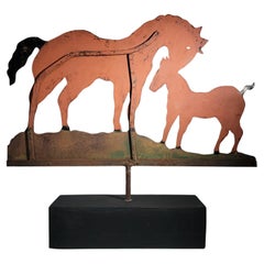 19Thc  Original Salmon Painted Double Horse  Iron Weather Vane