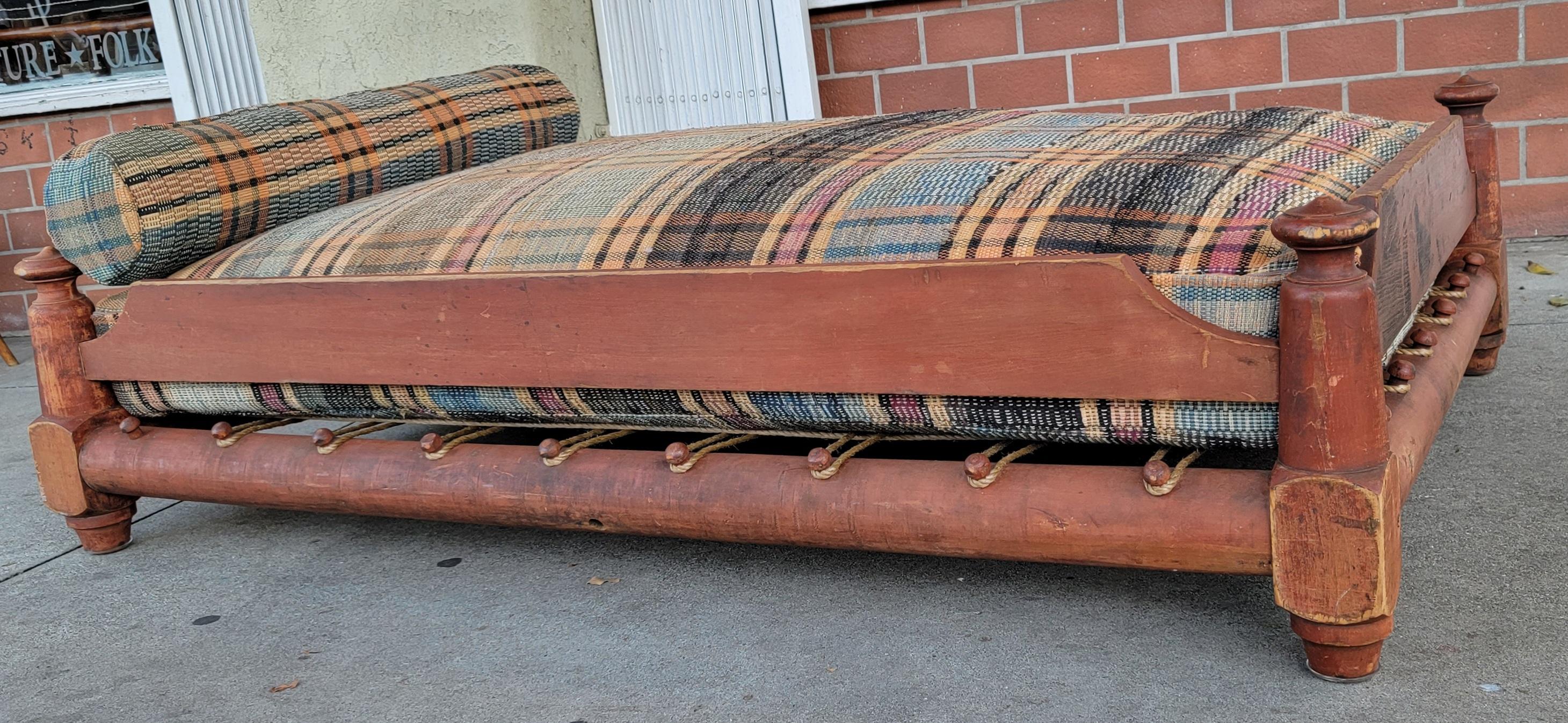 19th Century 19th C Original Salmon Painted Trendle Bed W/ Rag Rug Cushion For Sale