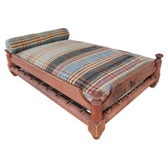 19th C Original Salmon Painted Trendle Bed W/ Rag Rug Cushion