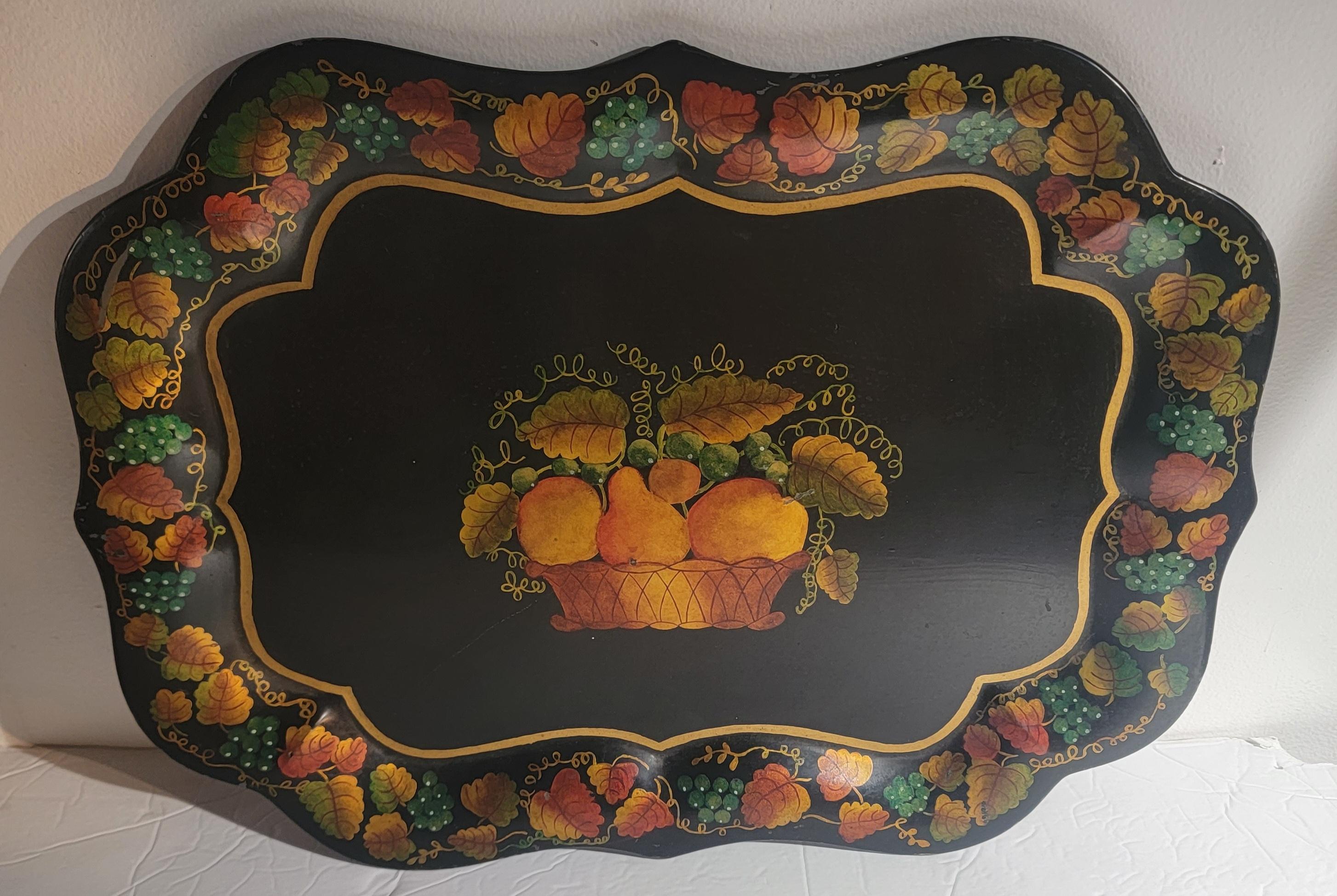19th C Original Stencil Fruit Metal Tray In Good Condition For Sale In Los Angeles, CA