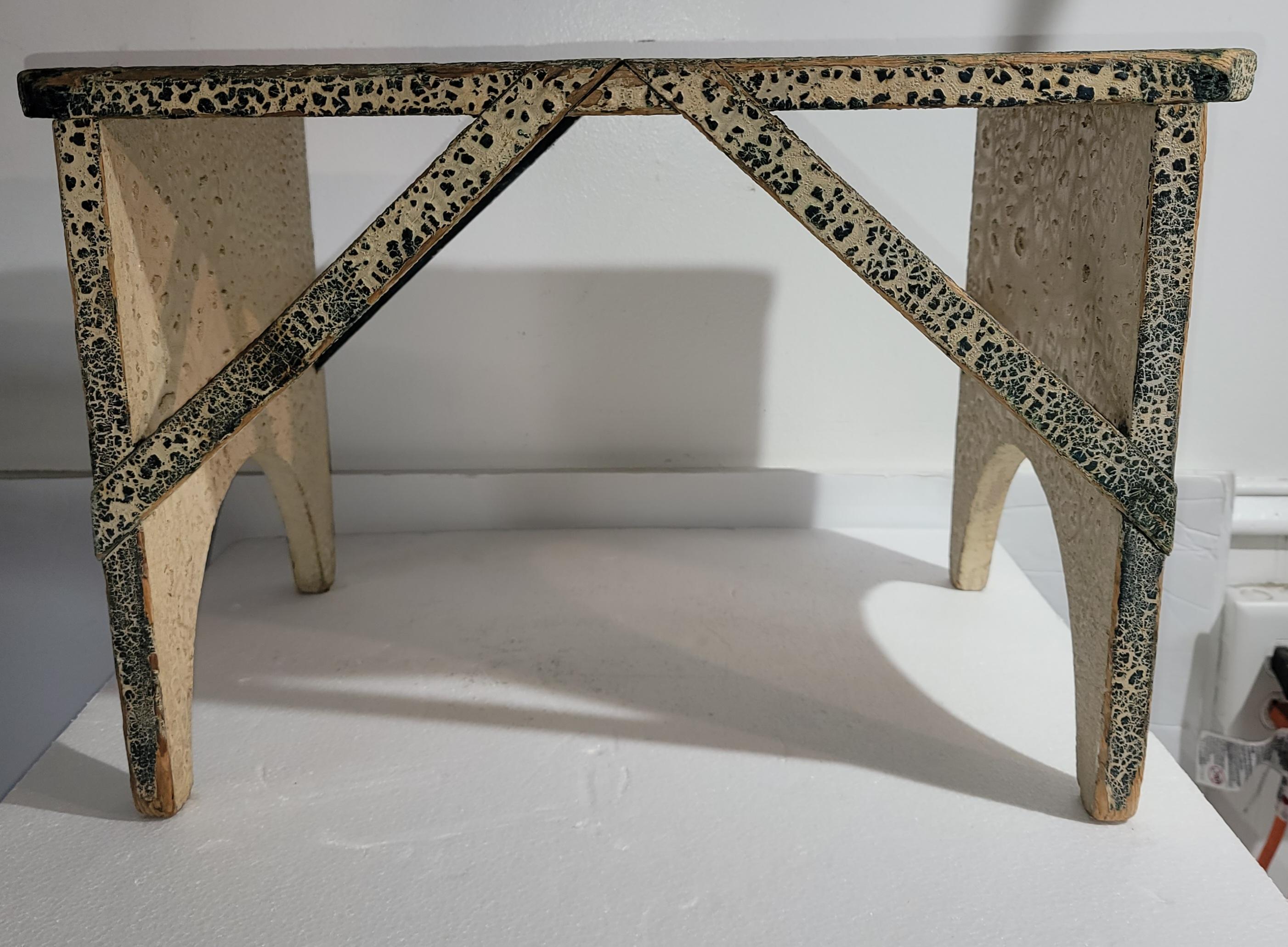 19Thc Original cream painted foot stool or small bench in amazing crackle painted surface.Cream over green painted surface.This stool is all mortised and square nail construction. Great sturdy condition.