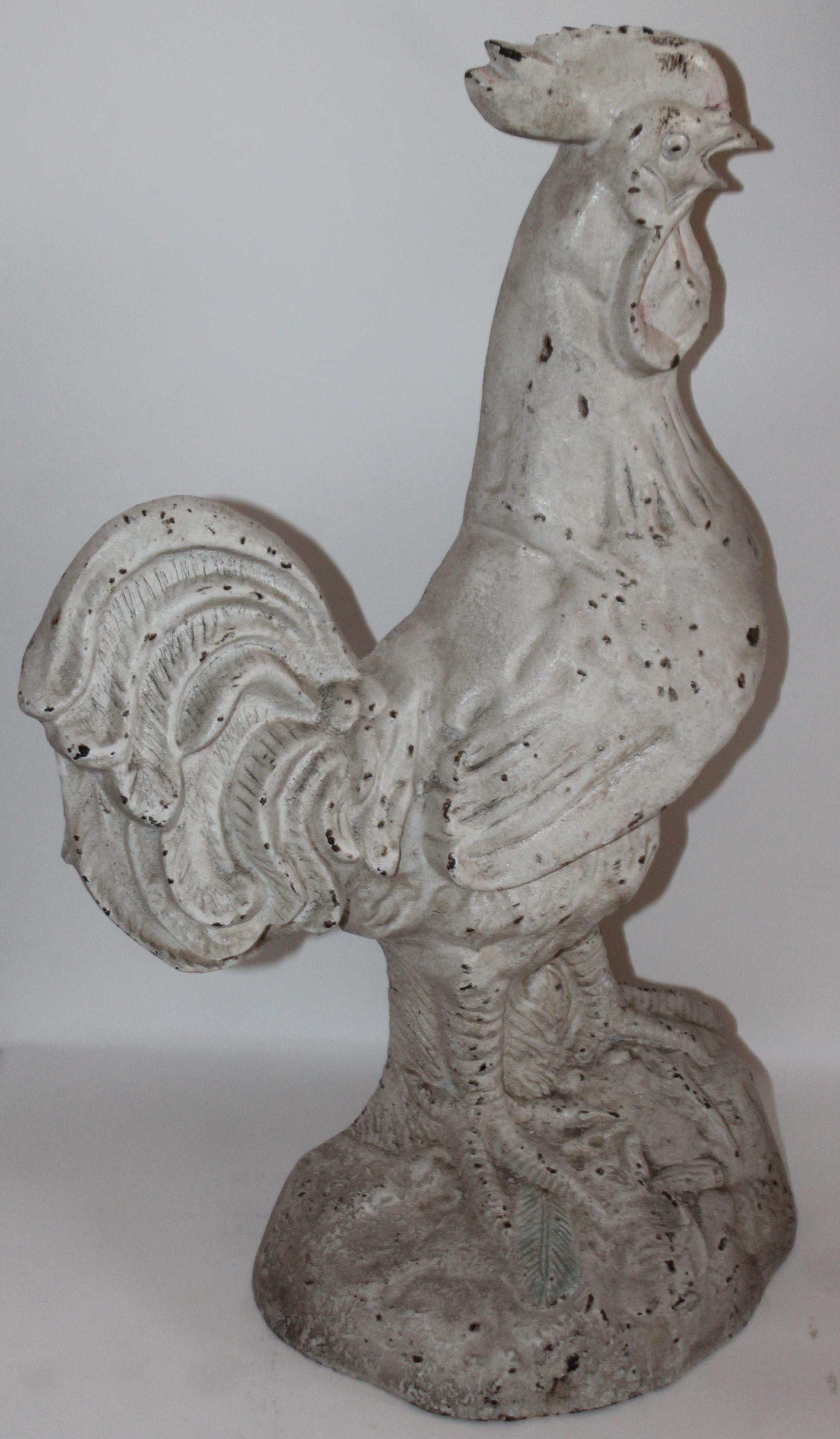 19th century original white painted iron rooster garden ornament or could work as a large oversized door stop. Fantastic form and surface.