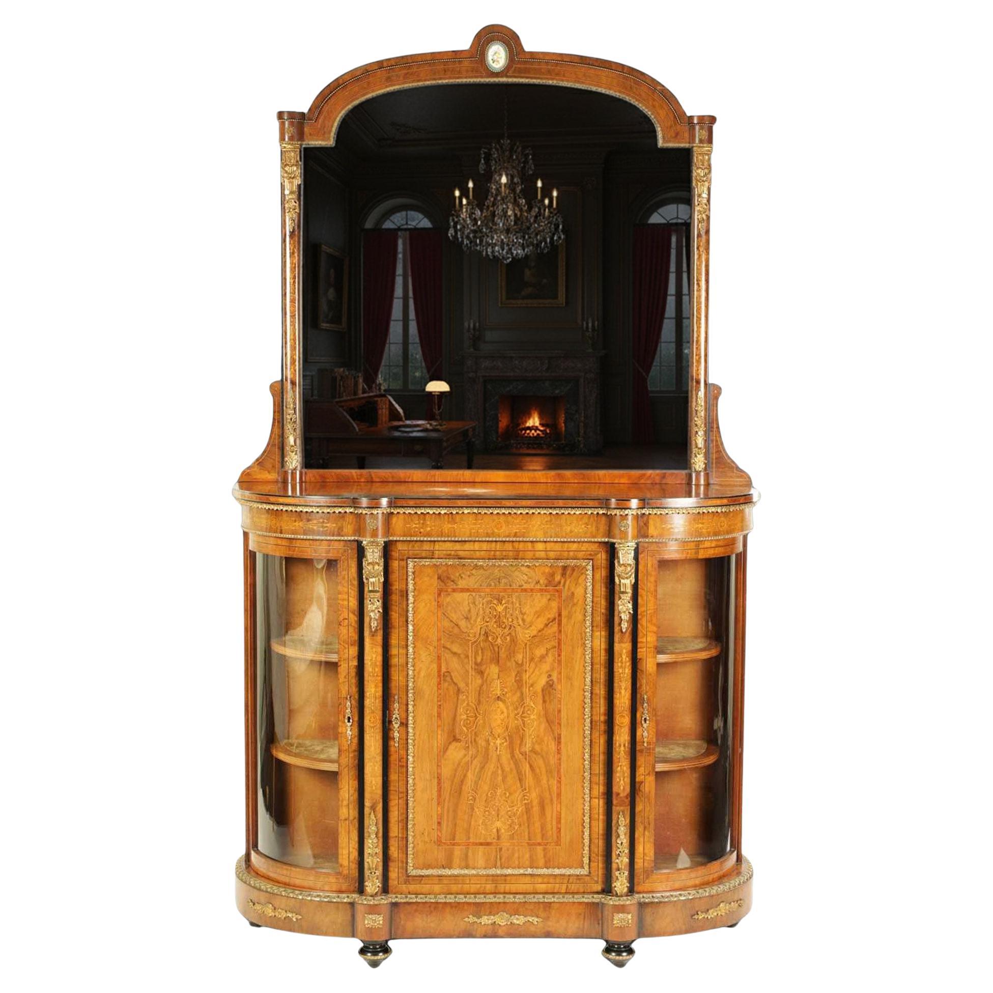19thC Ormolu Mounted Figured Walnut Mirror Back Credenza For Sale