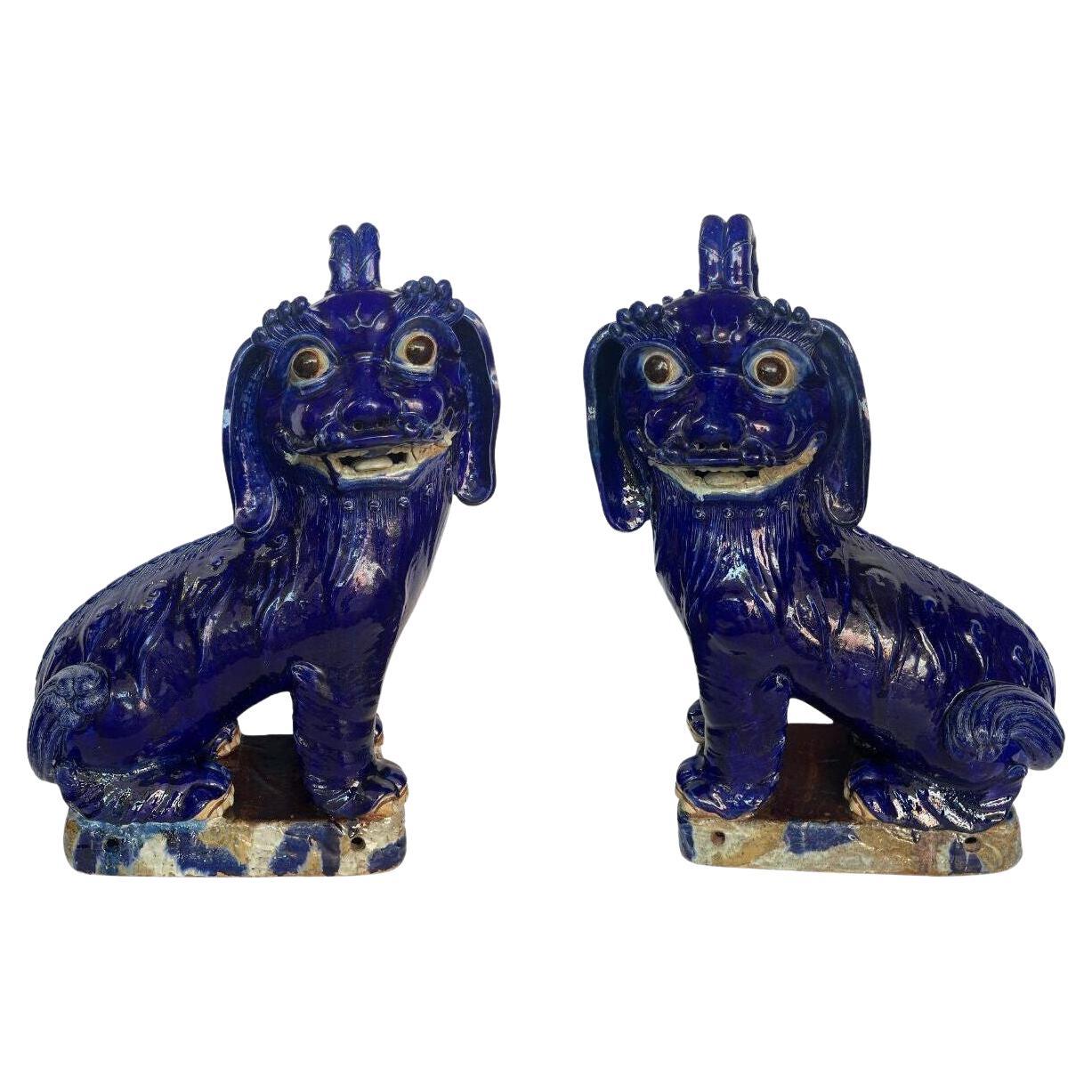 XIX sec. Modelli di terracotta smaltata blu cobalto cinese oversize di bestia mitica