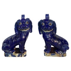 19thC. Oversized Chinese Cobalt Blue Glazed Earthenware Models of Mythical Beast