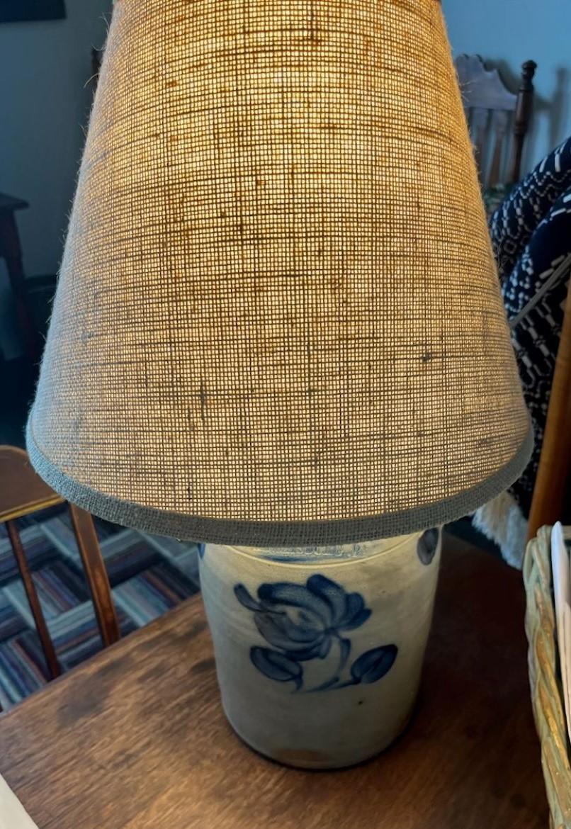19Thc Original decorated stoneware crock signed Cowden & Wilcox Harrisburg,Pennsylvania and crafted into a newly wired lamp.Also comes with a natural linen new lampshade.The lamp is newly made & in good working order.It is a three way electrical