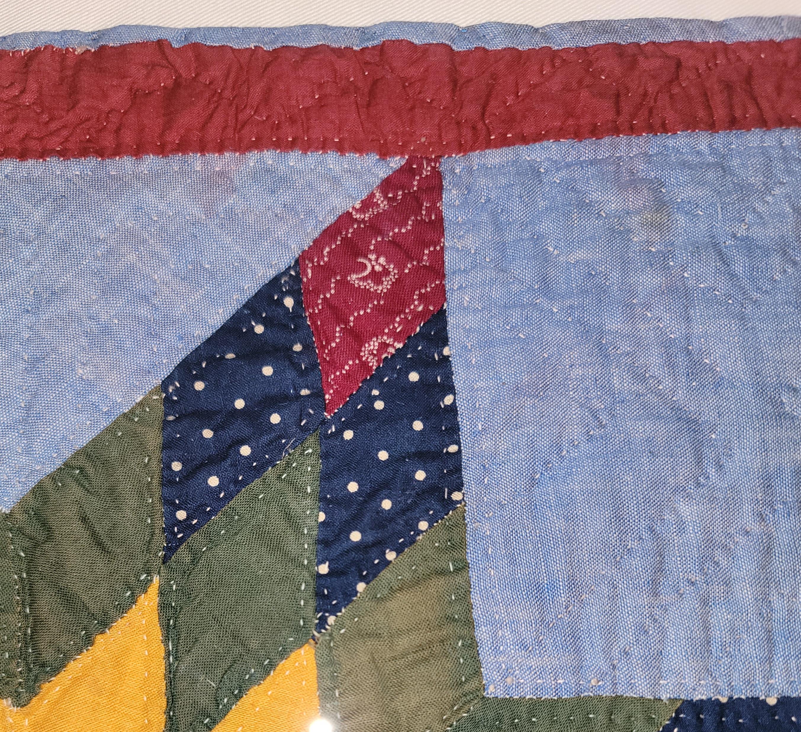 Hand-Crafted 19th C Pennsylvania. Eight Point Star Doll Quilt in Plexy Frame