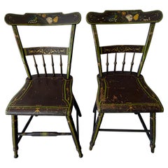 19thc PA Plank Seat Chairs W/Stencil Birds and Flowers