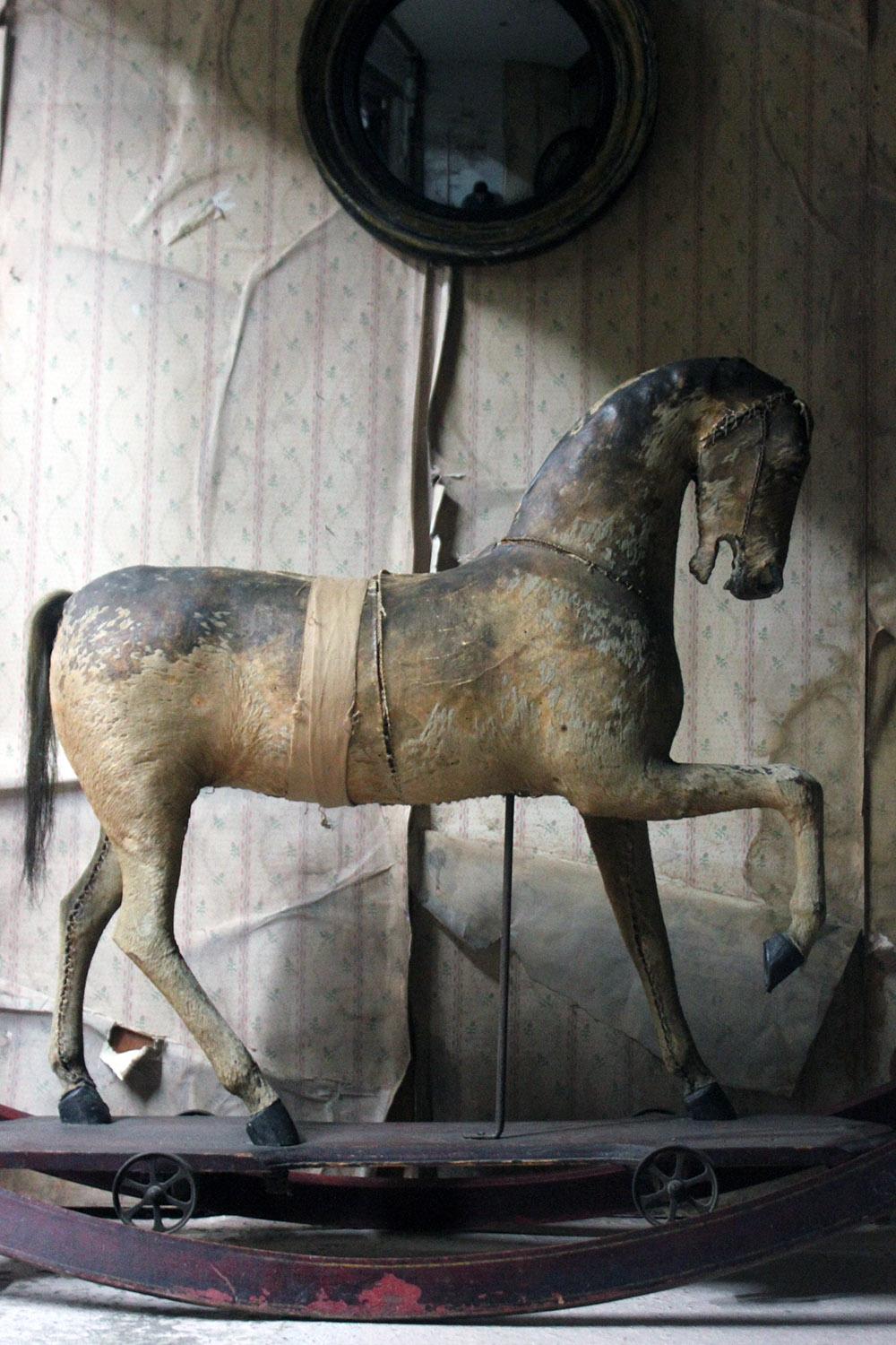 19th Century Painted, Carved & Horse Hide Rocking & Pull Horse, circa 1870-1880 3