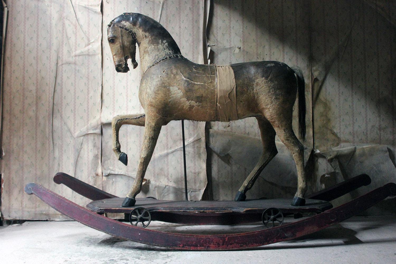 19th Century Painted, Carved & Horse Hide Rocking & Pull Horse, circa 1870-1880 4