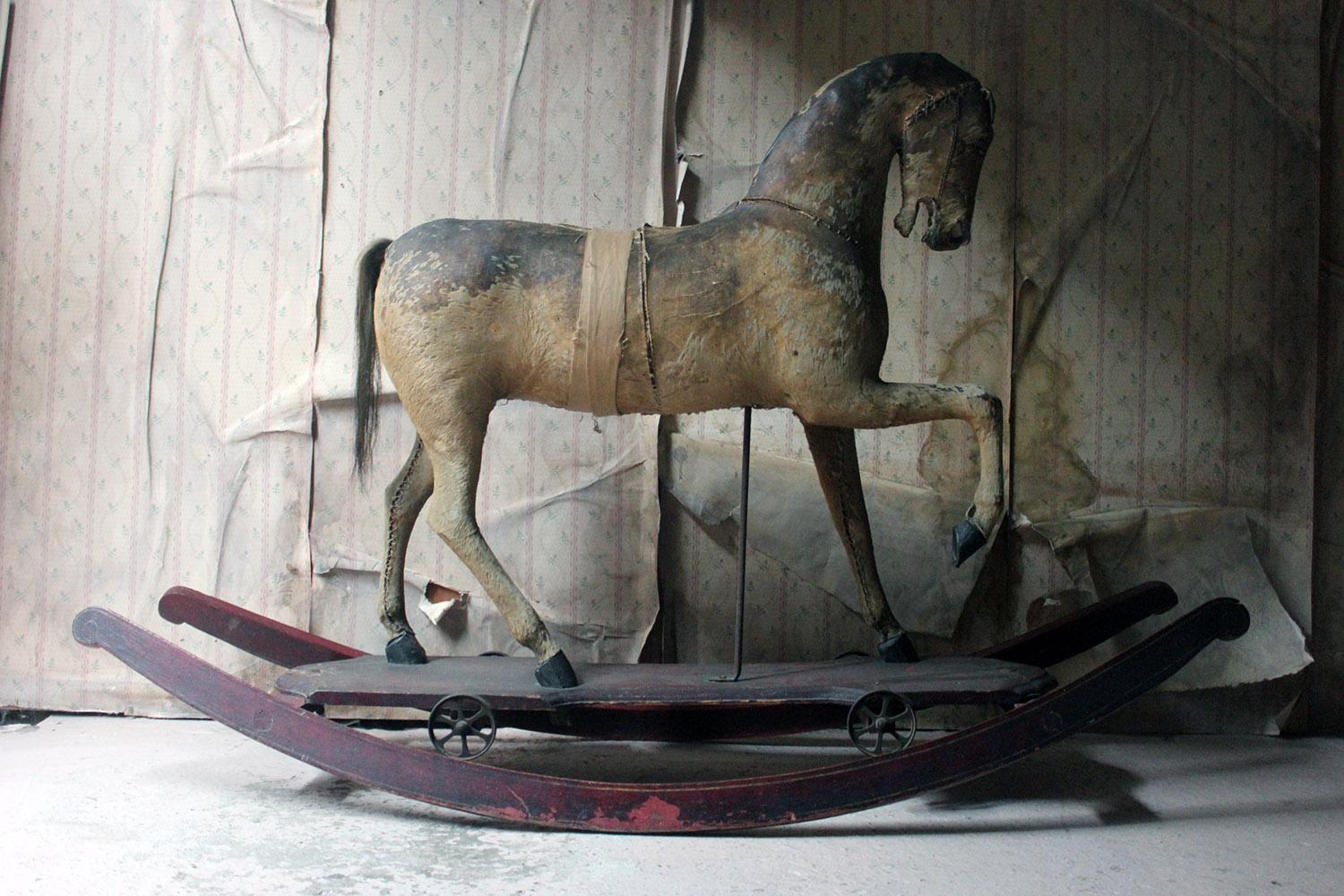 19th Century Painted, Carved & Horse Hide Rocking & Pull Horse, circa 1870-1880 8