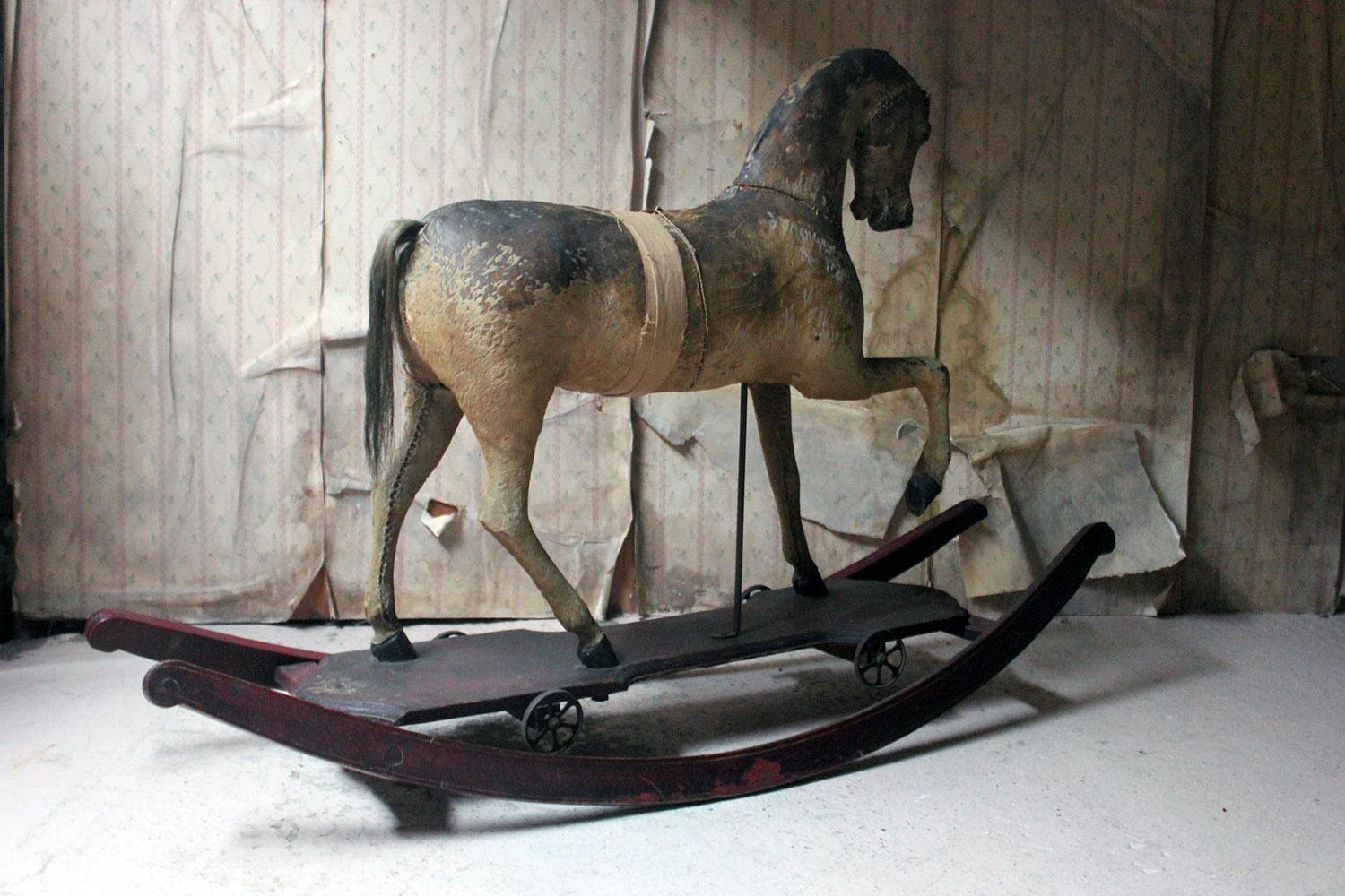 19th Century Painted, Carved & Horse Hide Rocking & Pull Horse, circa 1870-1880 11