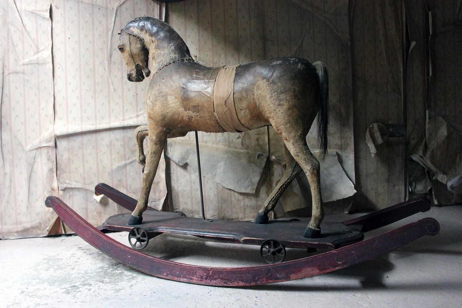 19th Century Painted, Carved & Horse Hide Rocking & Pull Horse, circa 1870-1880 12