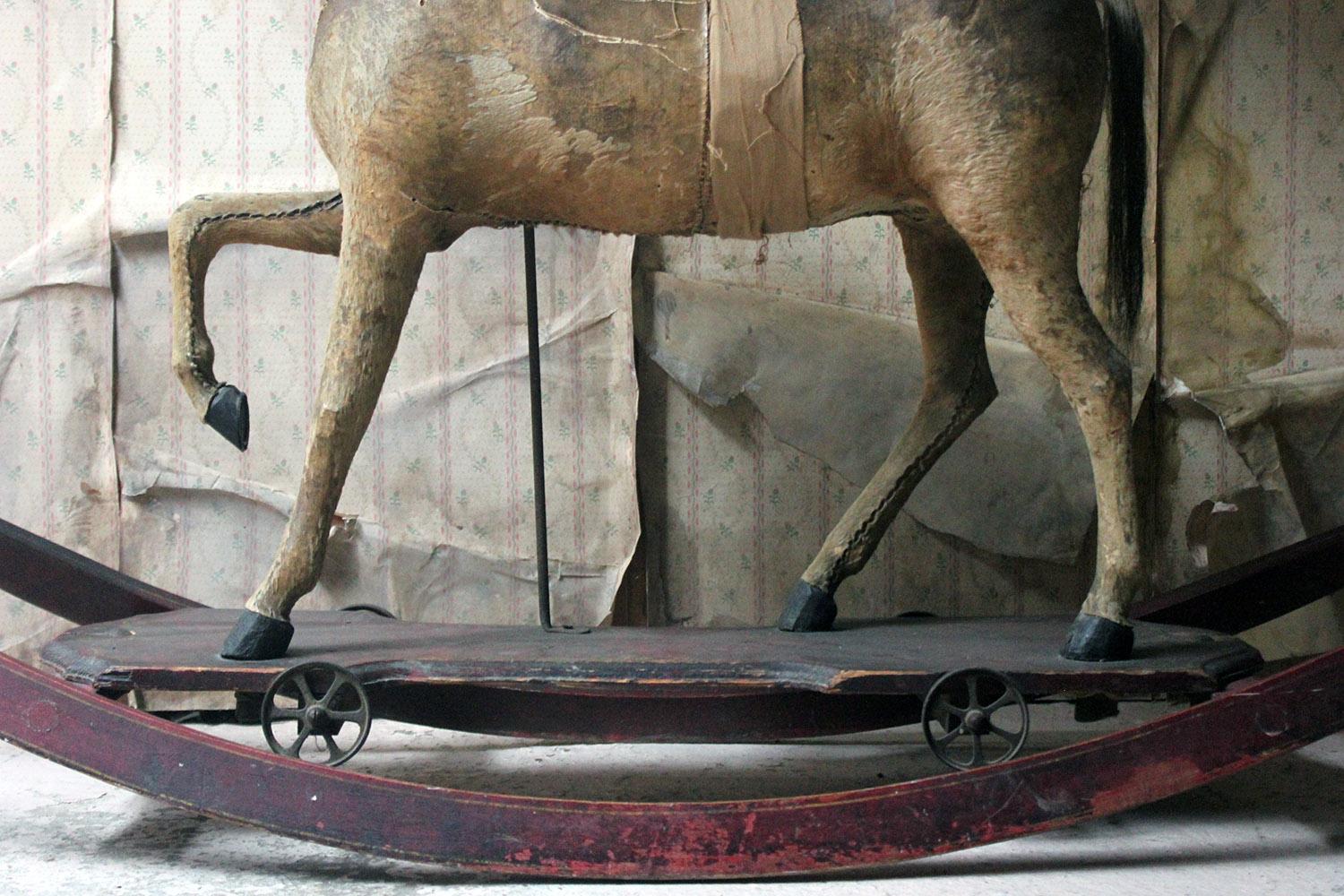 German 19th Century Painted, Carved & Horse Hide Rocking & Pull Horse, circa 1870-1880