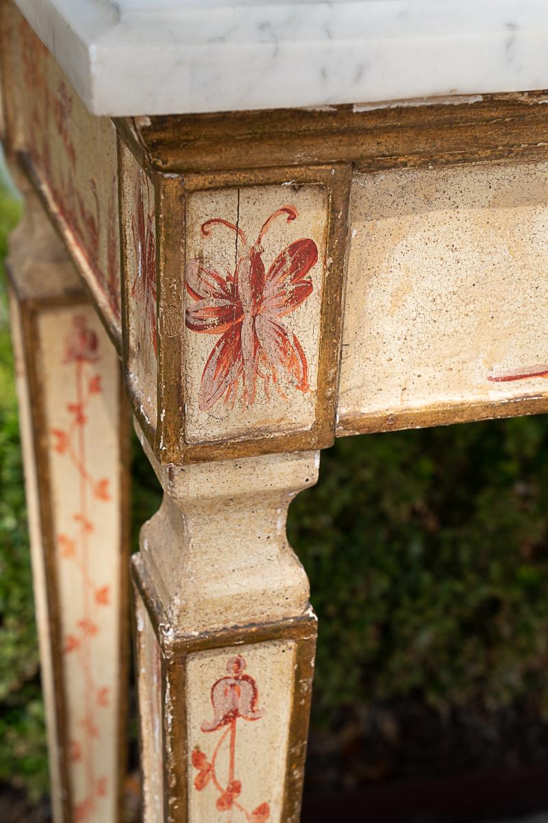 Beautifully painted marble top console decorated with chinoiserie figures, circa 1850.