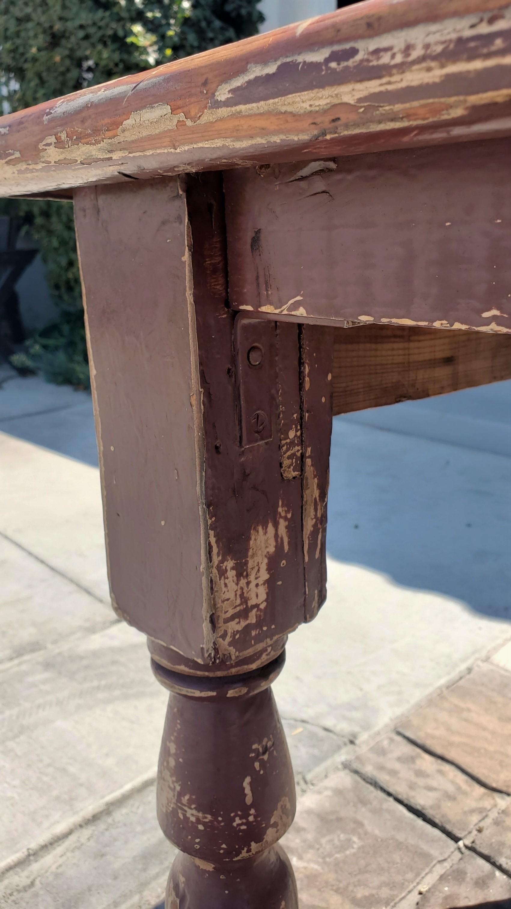 19th Century Painted Harvest Table Burg, Over Cream Paint In Distressed Condition In Los Angeles, CA
