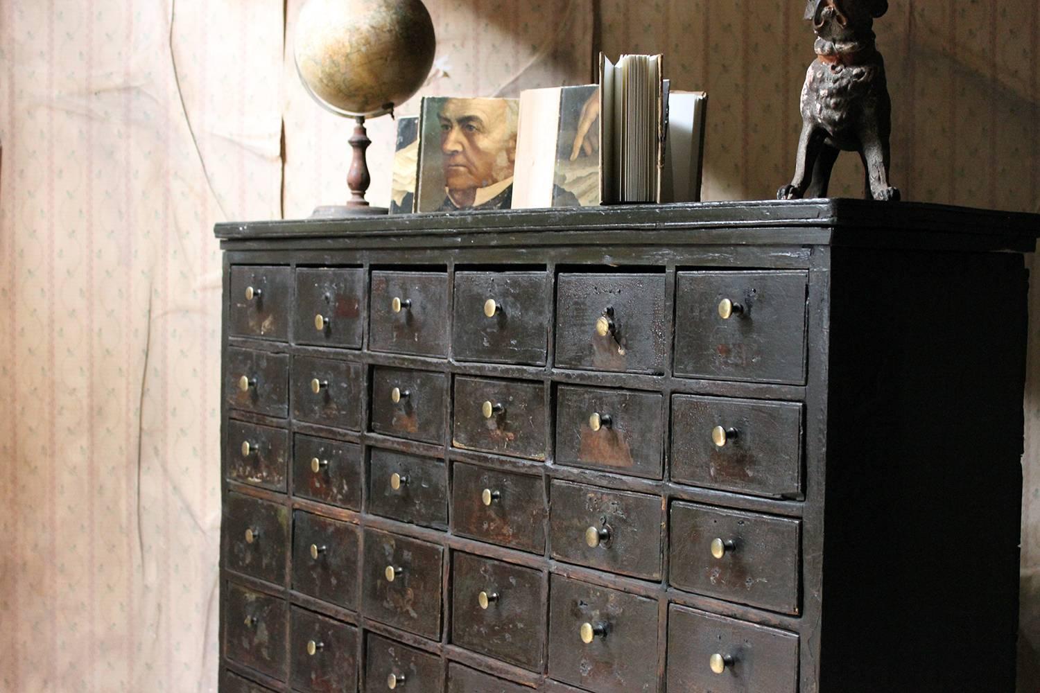 Hand-Painted 19th Century Painted Pine Bank of 36 Drawers, circa 1870