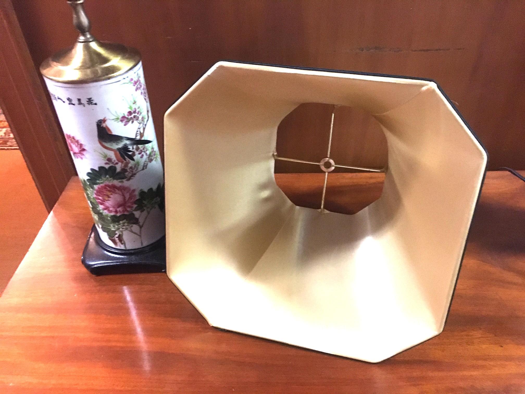 19thc Painted Porcelain Vases Converted into Lamps w/ Teak Bases & Custom Shades For Sale 4