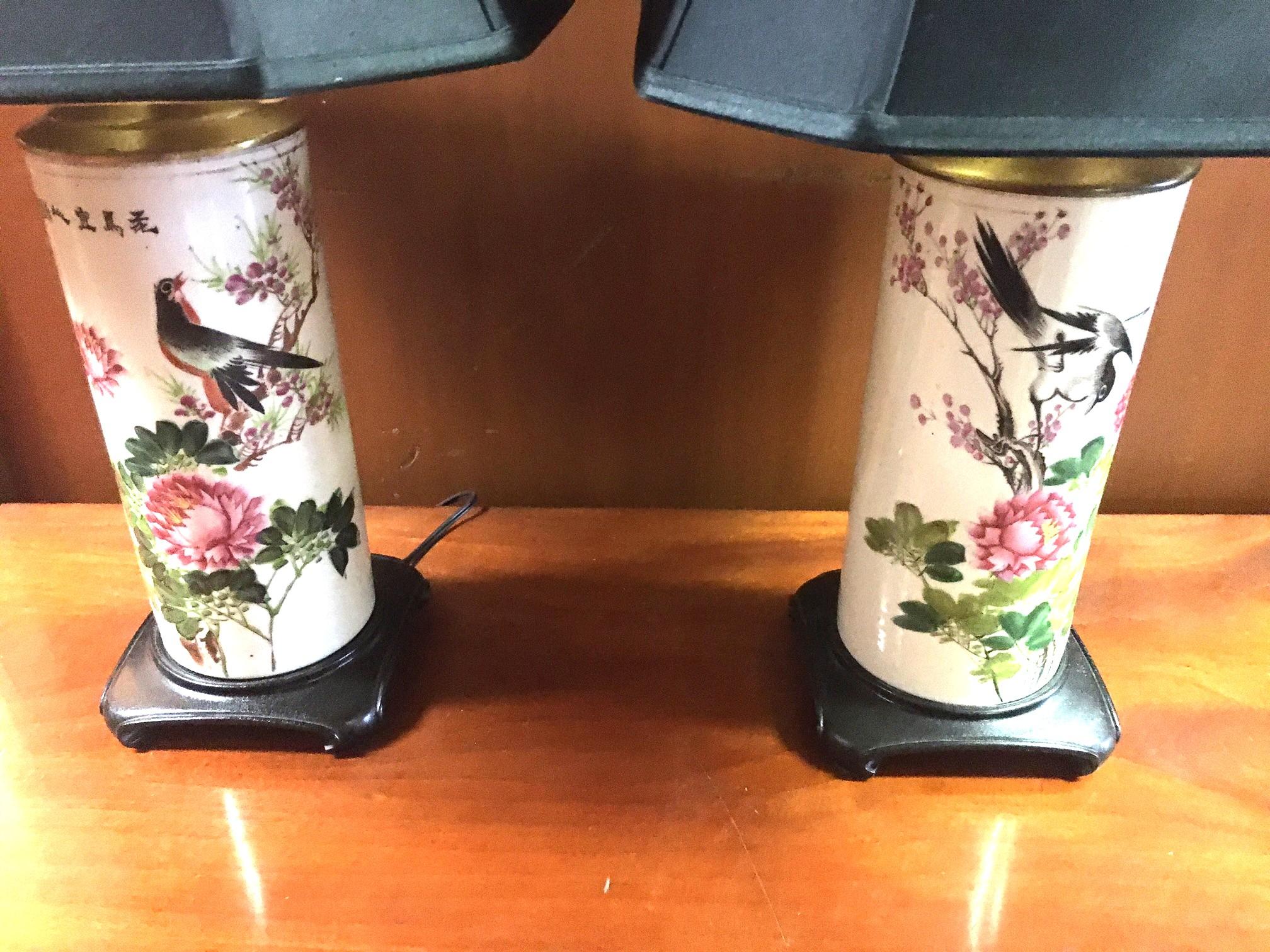 19thc Painted Porcelain Vases Converted into Lamps w/ Teak Bases & Custom Shades For Sale 5