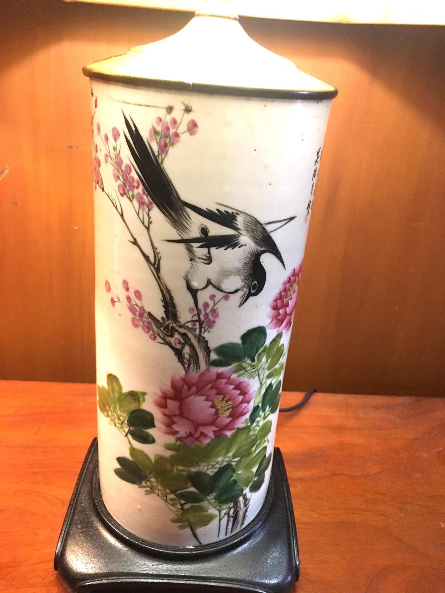 Chinese Export 19thc Painted Porcelain Vases Converted into Lamps w/ Teak Bases & Custom Shades For Sale