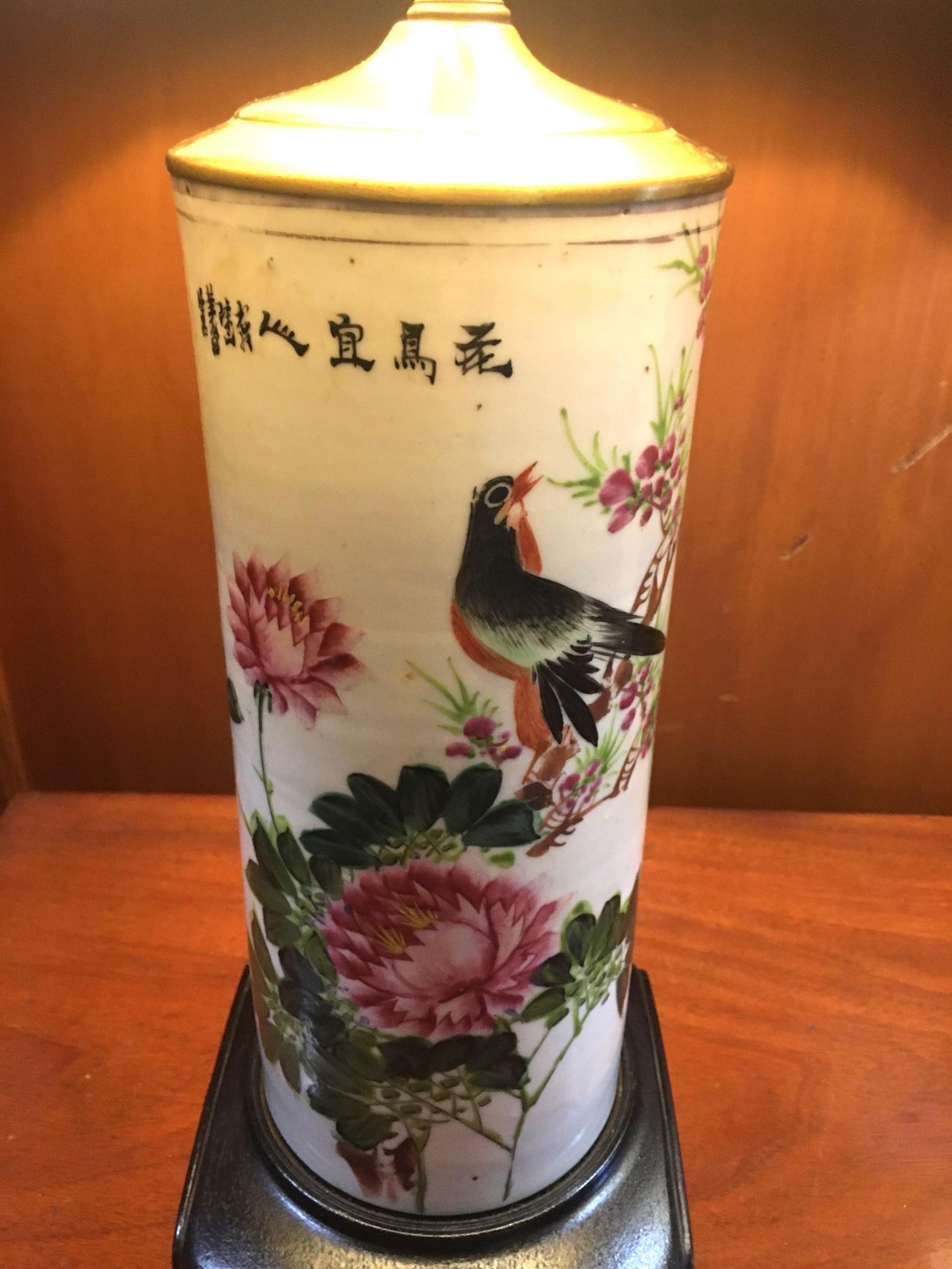 Chinese 19thc Painted Porcelain Vases Converted into Lamps w/ Teak Bases & Custom Shades For Sale