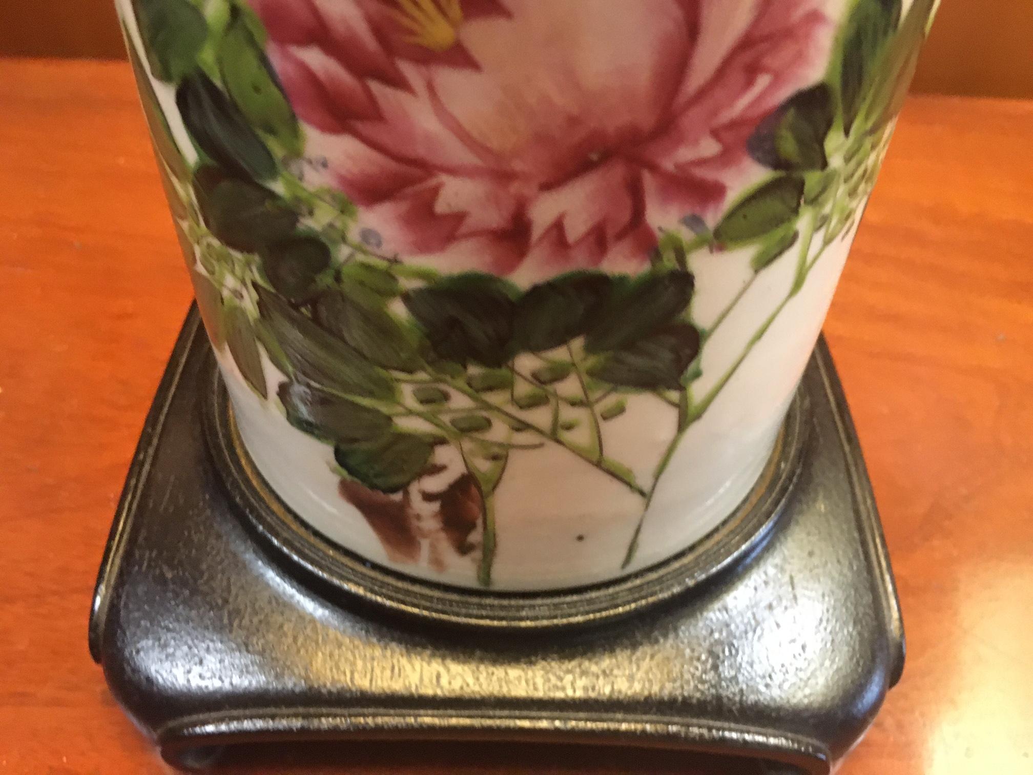 Hand-Painted 19thc Painted Porcelain Vases Converted into Lamps w/ Teak Bases & Custom Shades For Sale